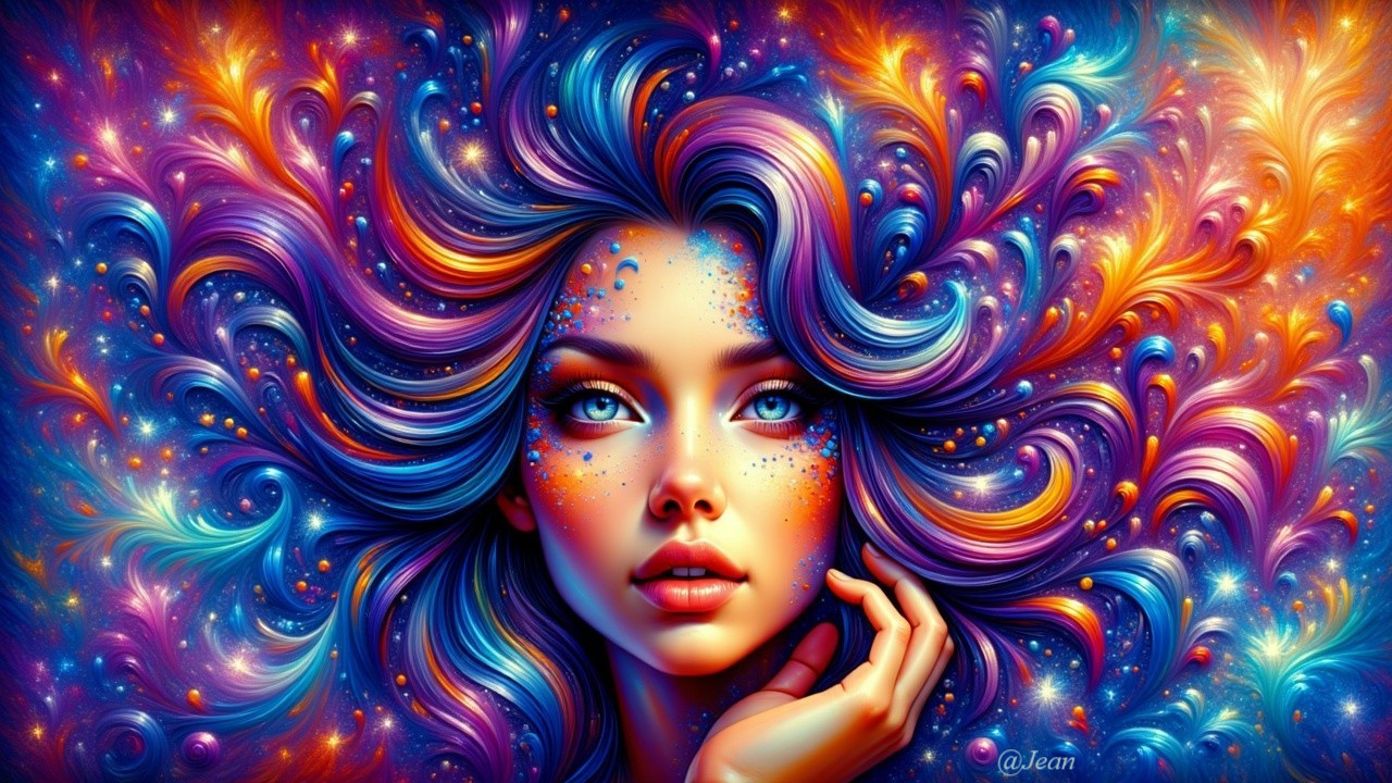 Portrait of a woman with vibrant, colorful hair and patterns