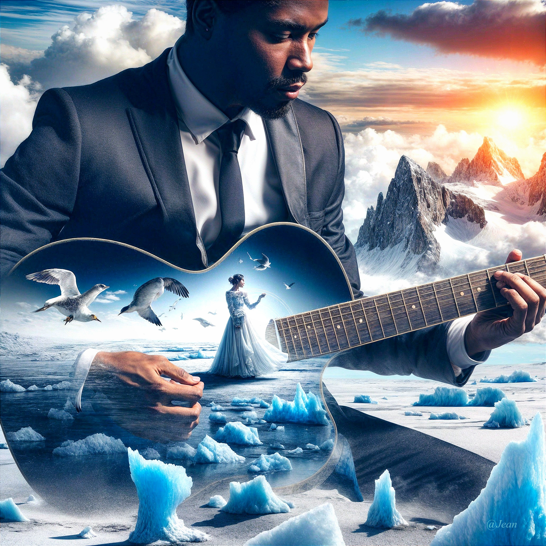 Man in Suit Playing Guitar with Surreal Landscape Inside