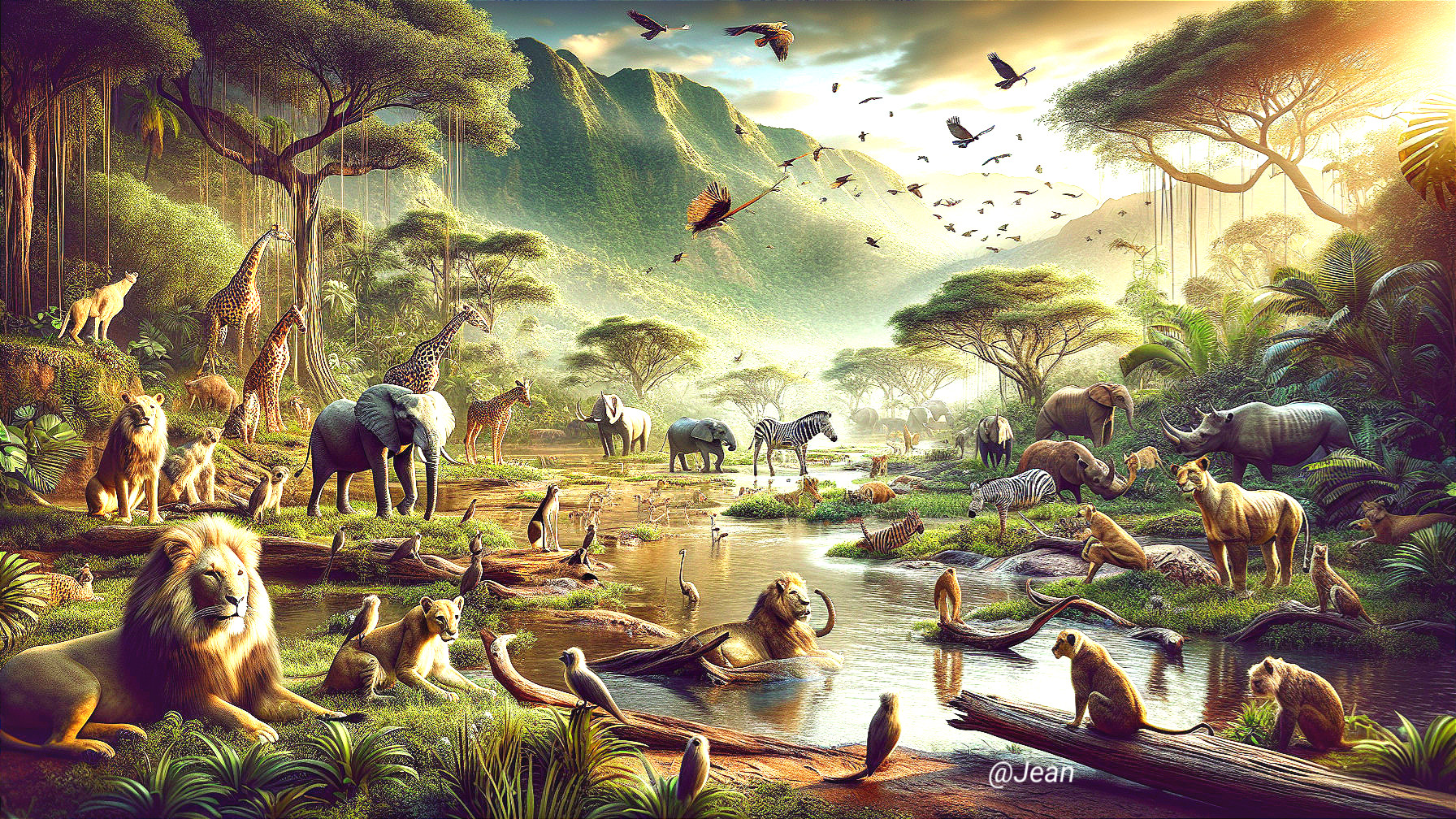 Vibrant Wildlife Landscape at Dawn with Diverse Animals