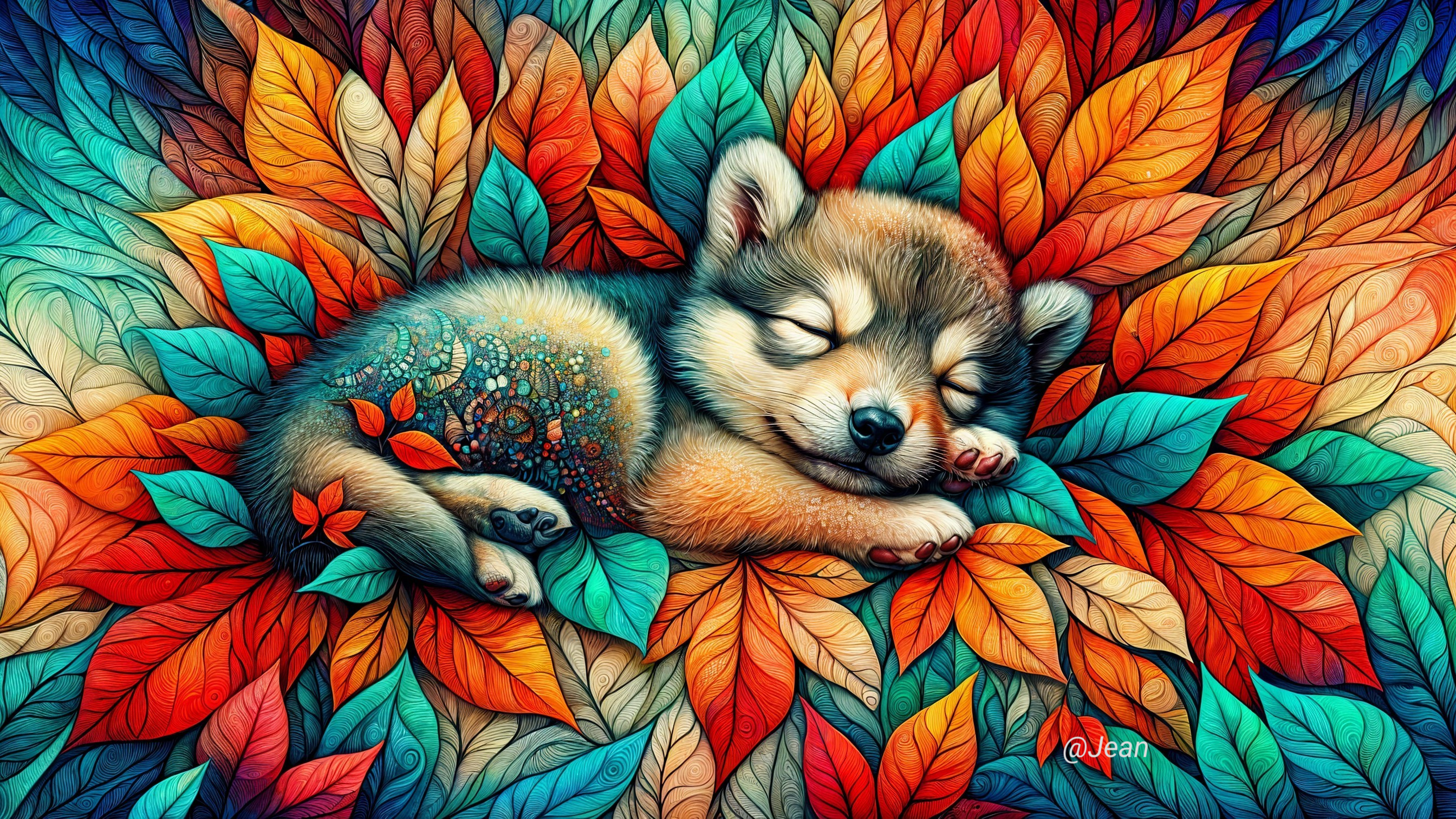 Sleeping Puppy Surrounded by Colorful Autumn Leaves