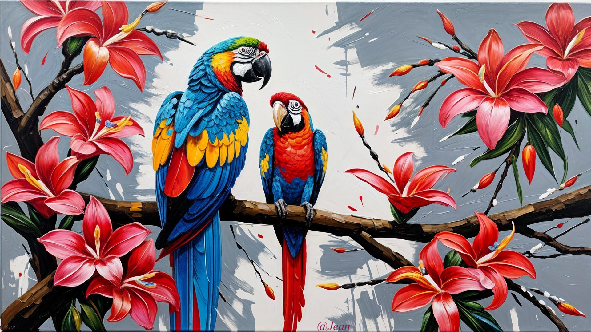 Vibrant Parakeets on a Colorful Flowered Branch