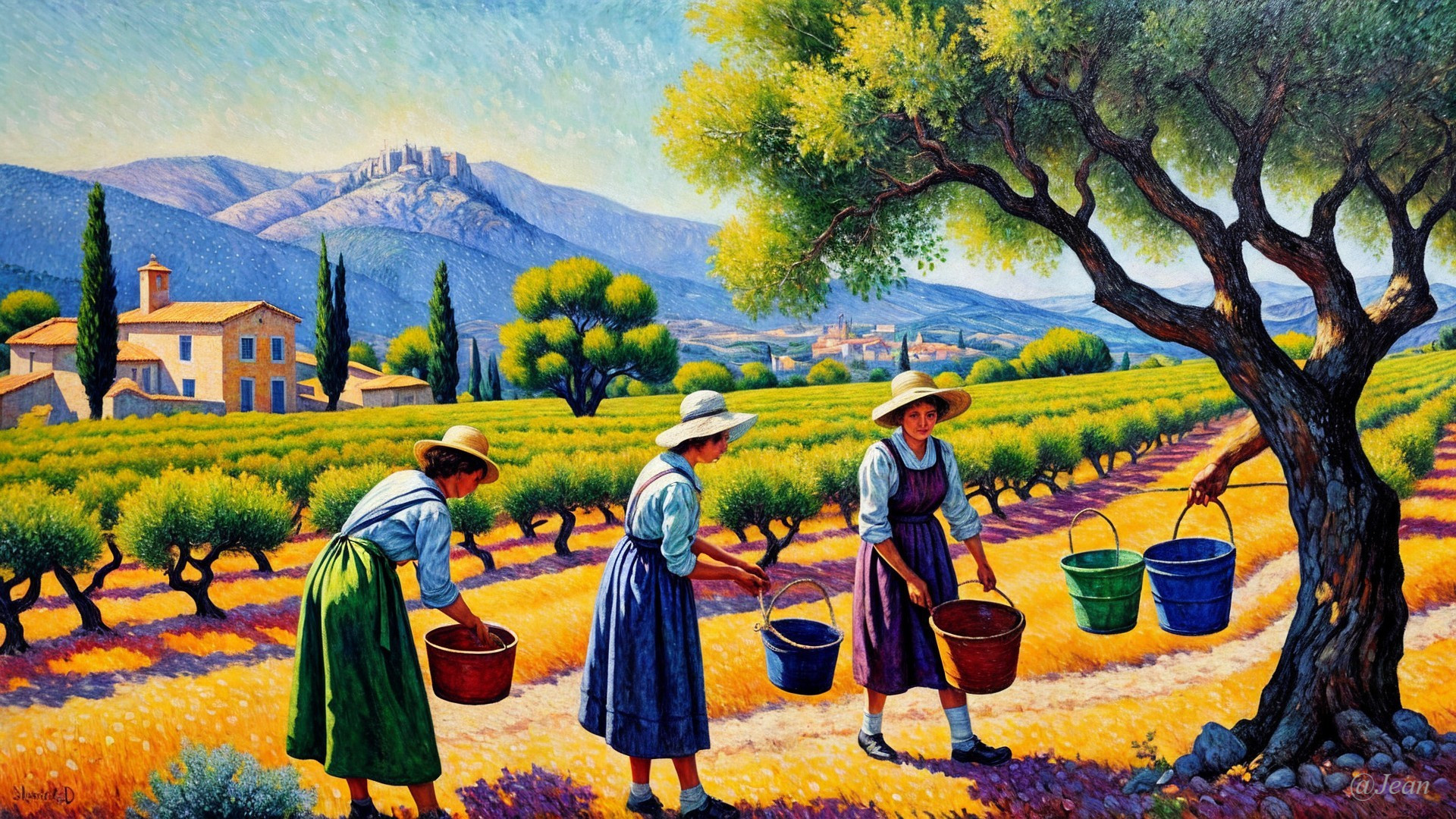 Women Harvesting Grapes in a Lush Vineyard Scene