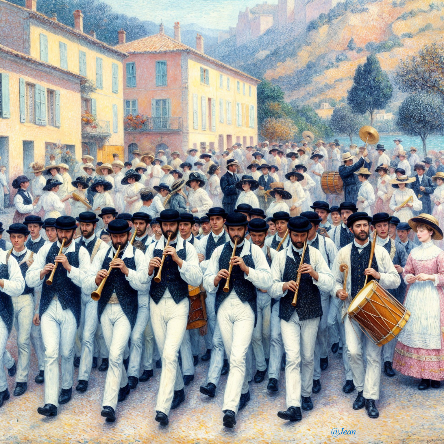 Festive Street Procession with Musicians and Onlookers