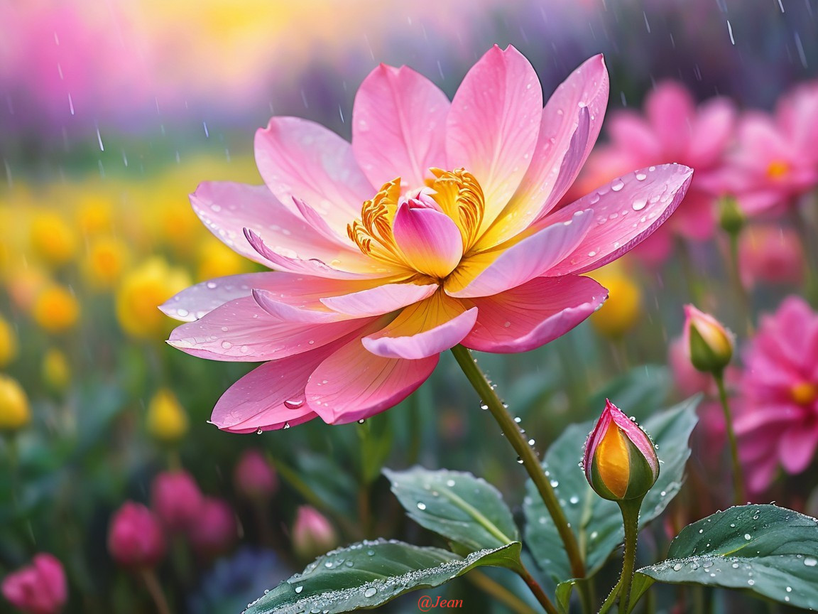Vibrant Pink Lotus Flower in Colorful Garden Setting