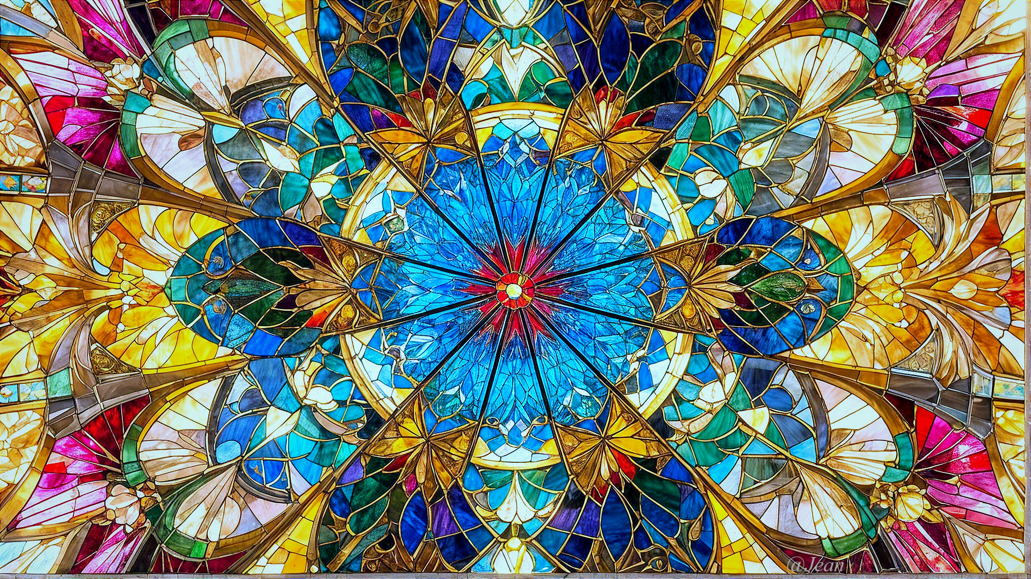 Vibrant Stained Glass Window with Floral Design
