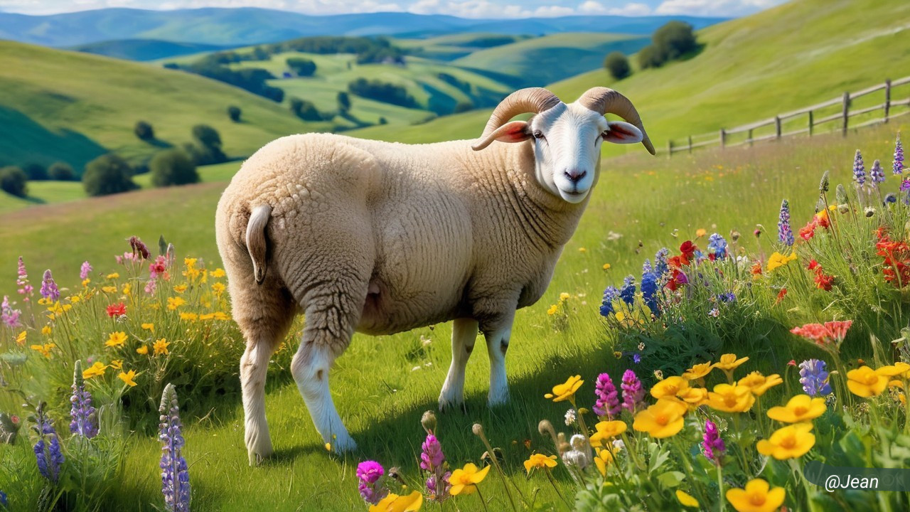 Fluffy Sheep in a Colorful Meadow Landscape
