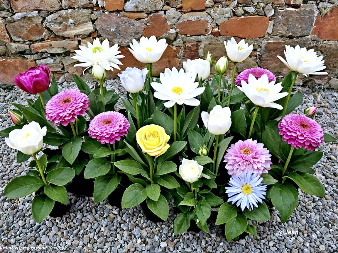 Vibrant Flower Bouquet Against Rustic Stone Wall