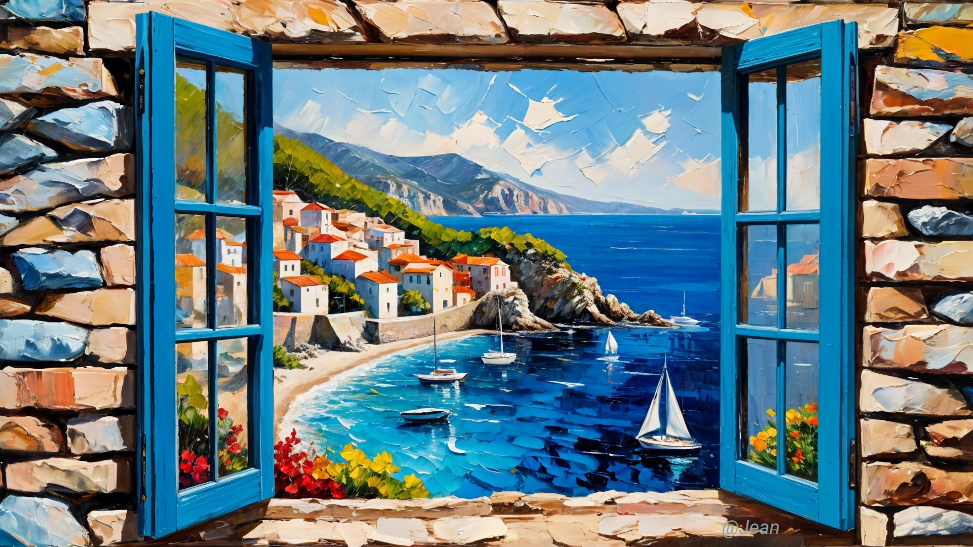 Coastal Landscape Through Rustic Stone Window View