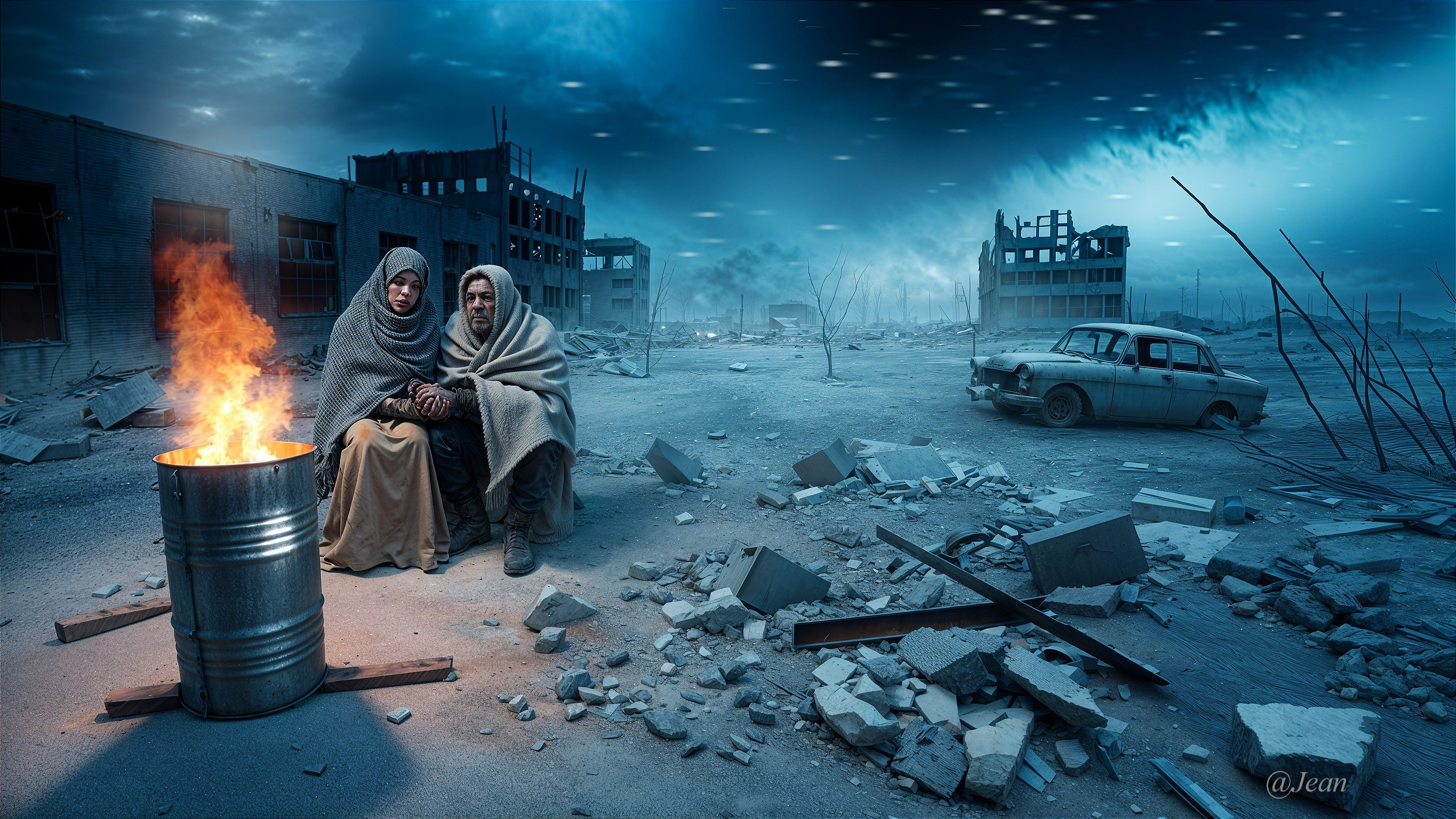 Post-Apocalyptic Landscape with Figures by Fire