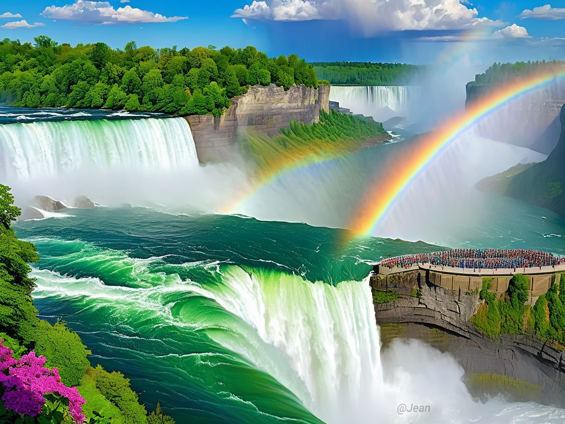 Niagara Falls with Cascading Waters and Rainbows