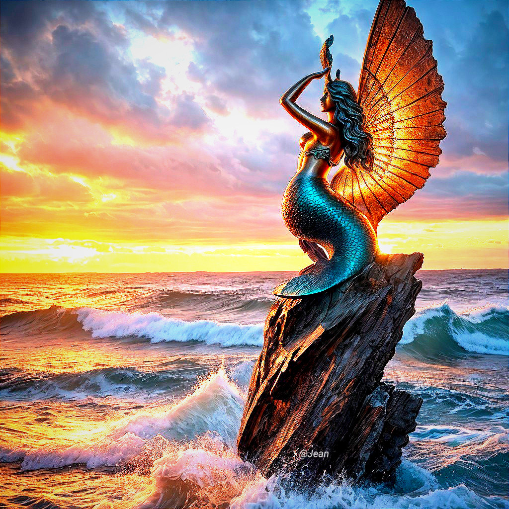Mermaid Statue on Stone Outcrop at Sunset