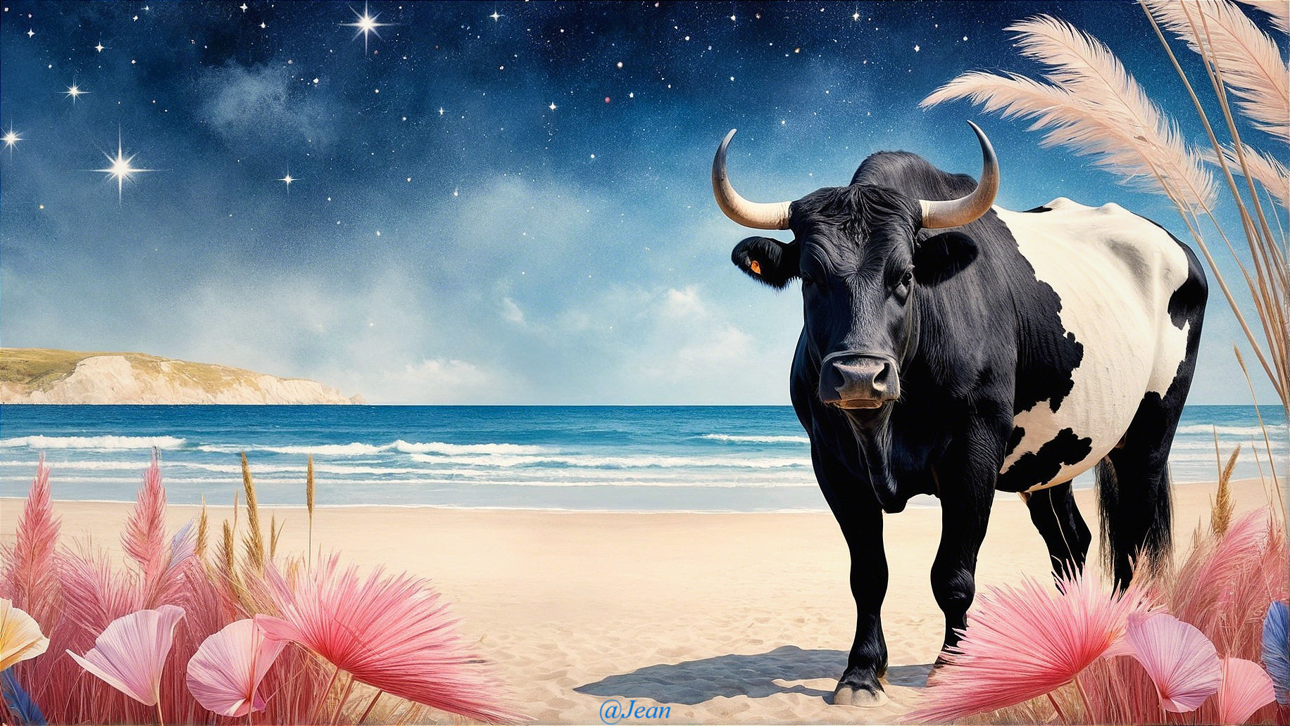 Cow on Beach Under Starry Sky with Tropical Foliage