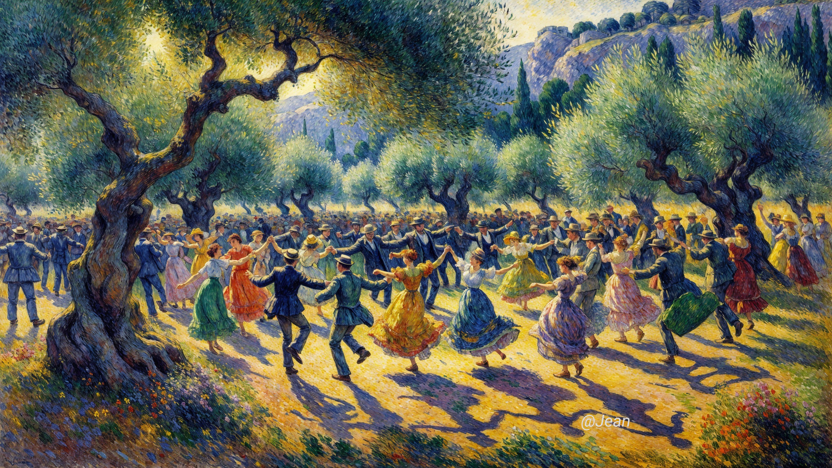 Outdoor Dance Celebration Under Olive Trees