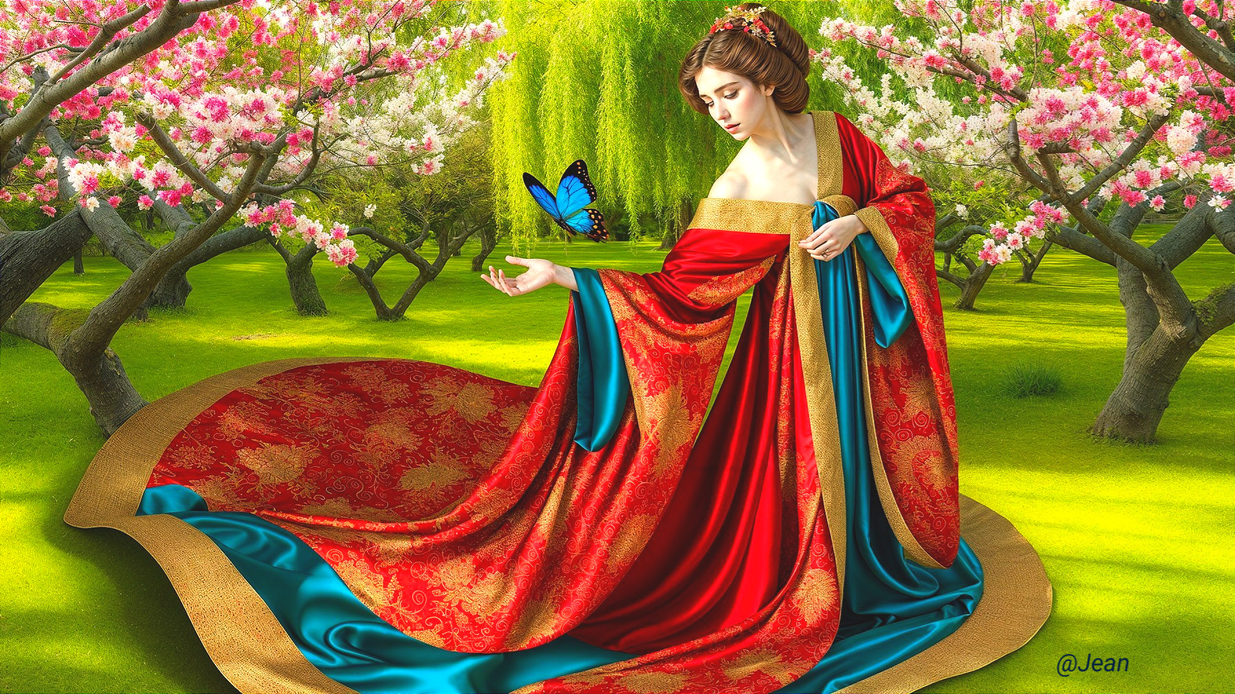 Elegant Woman in Garden with Cherry Blossoms and Butterfly