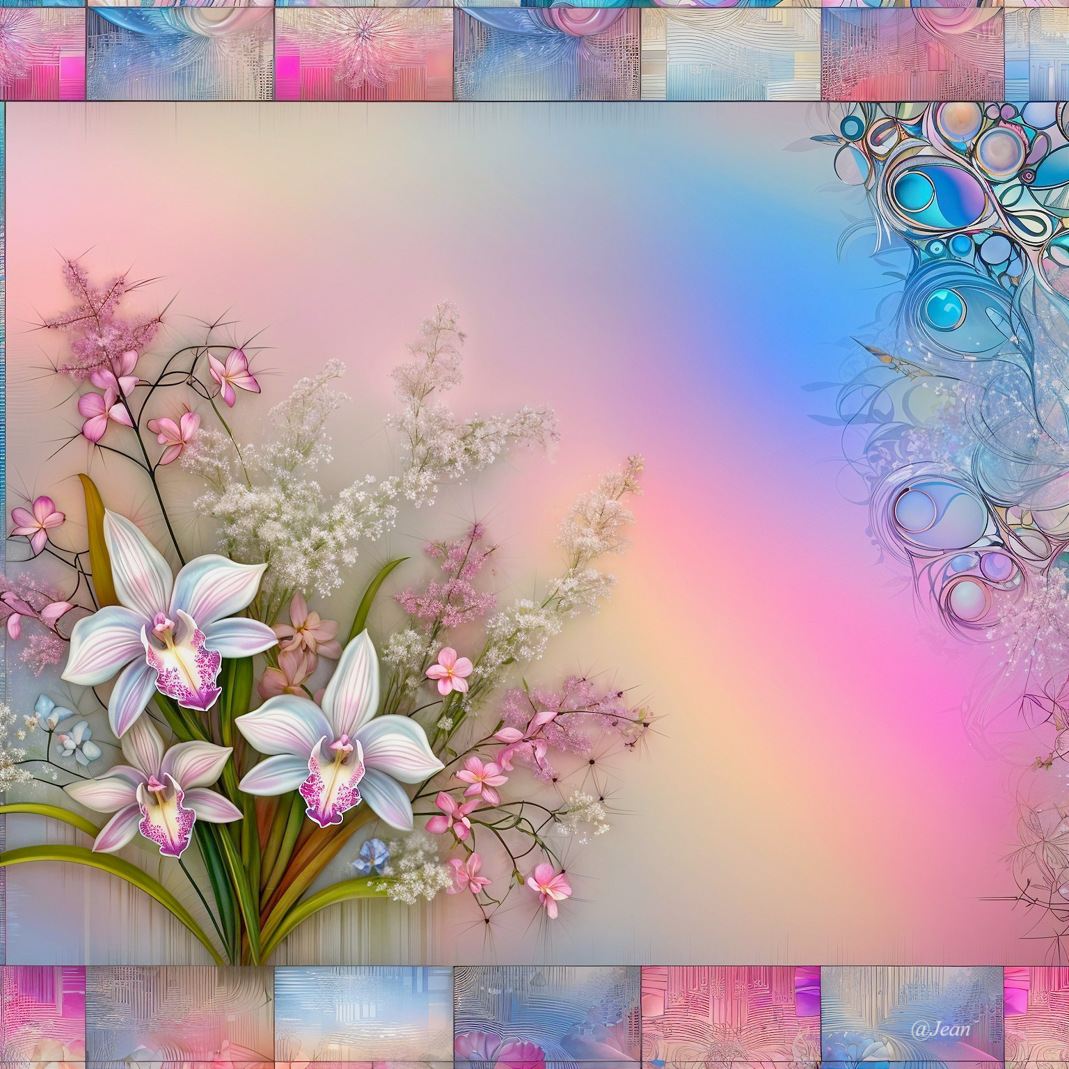Vibrant Digital Artwork of Orchids and Pastel Flowers