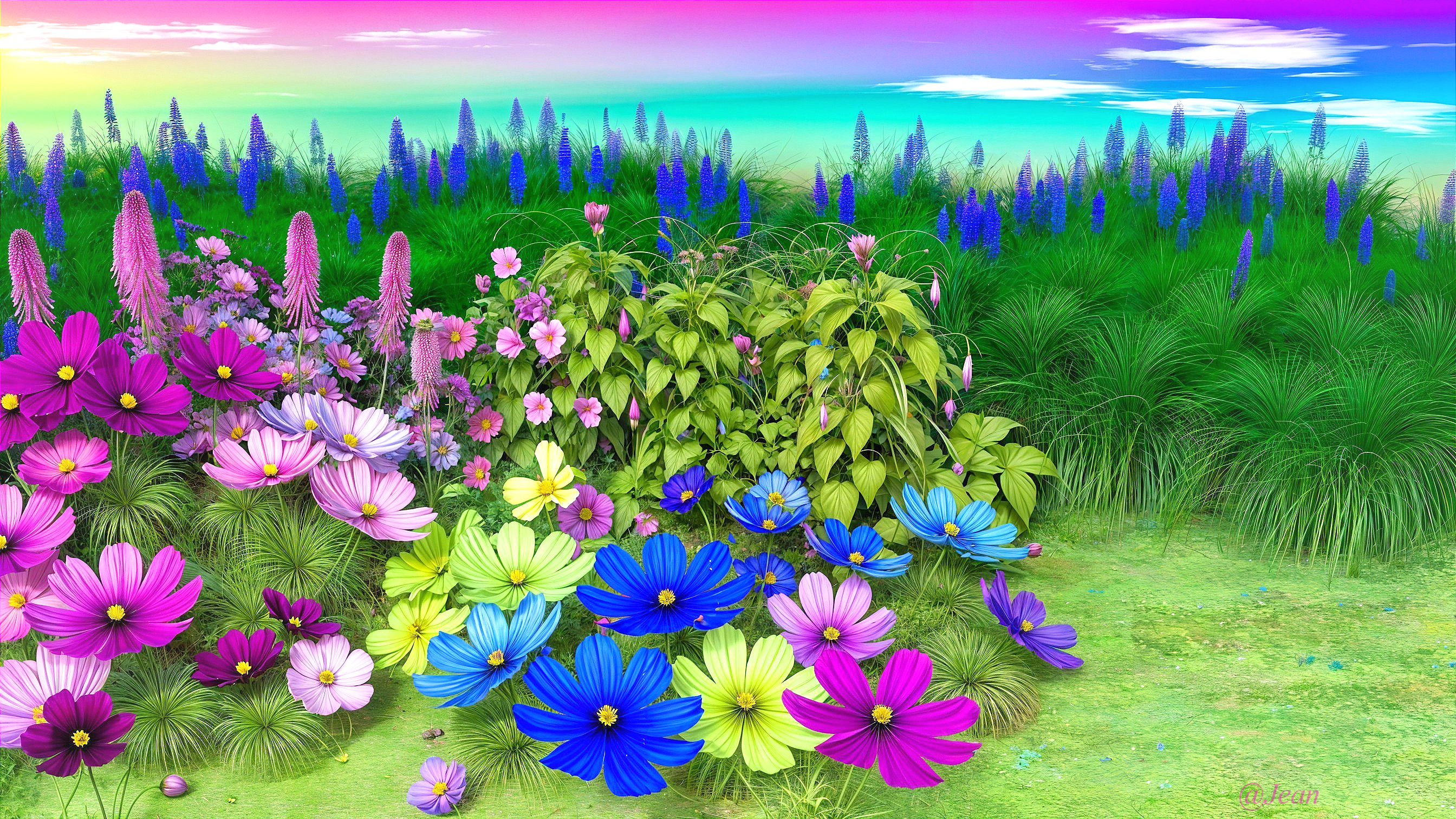 Vibrant Meadow with Colorful Flowers and Lush Grasses
