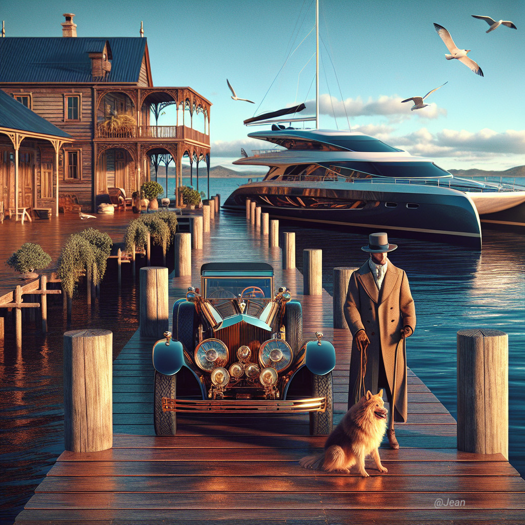 Serene Waterfront Scene with Vintage Car and Yacht