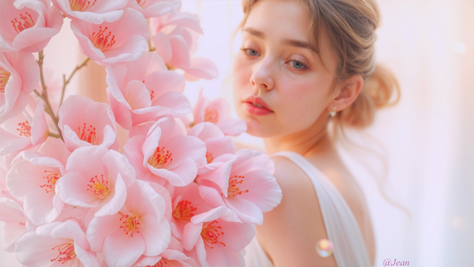 Young woman in soft light surrounded by pink flowers