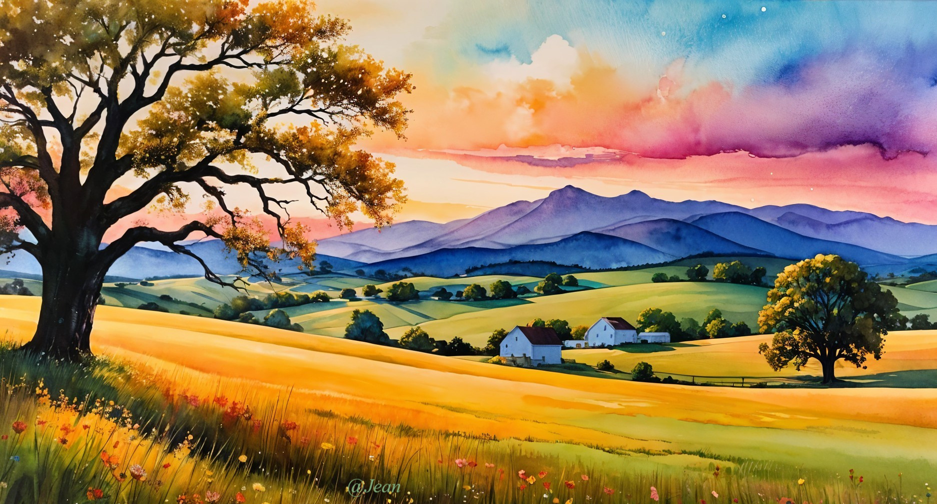 Vibrant Watercolor Landscape with Hills and Farmhouses