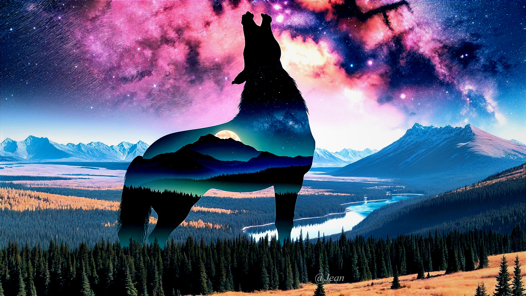 Double Exposure of Wolf and Cosmic Landscape