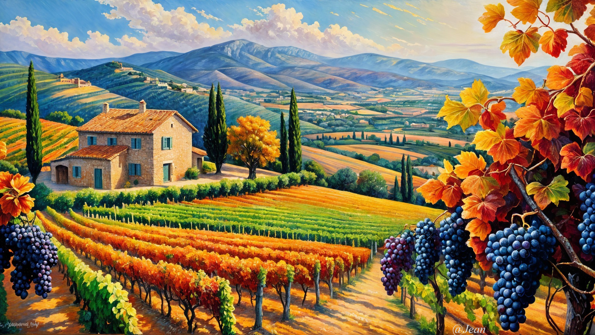 Picturesque Vineyard with Stone Farmhouse at Sunset