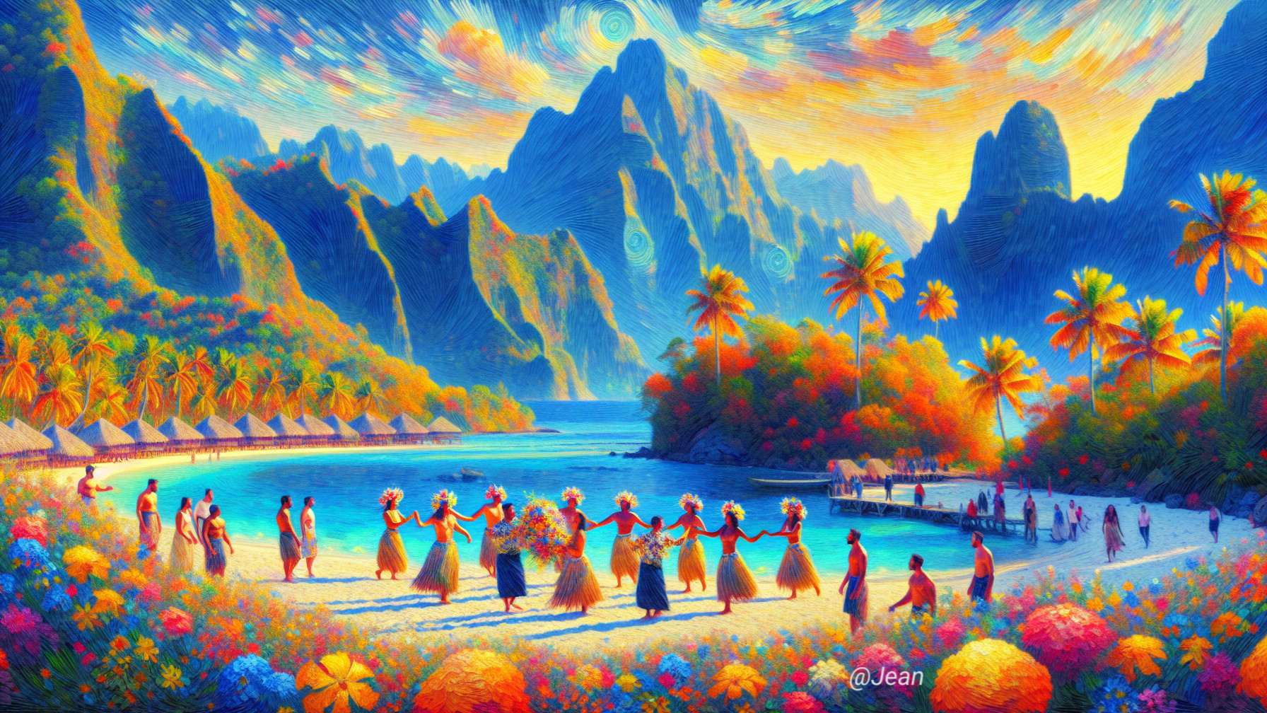 Tropical Beach Dance Scene with Colorful Sunset Sky