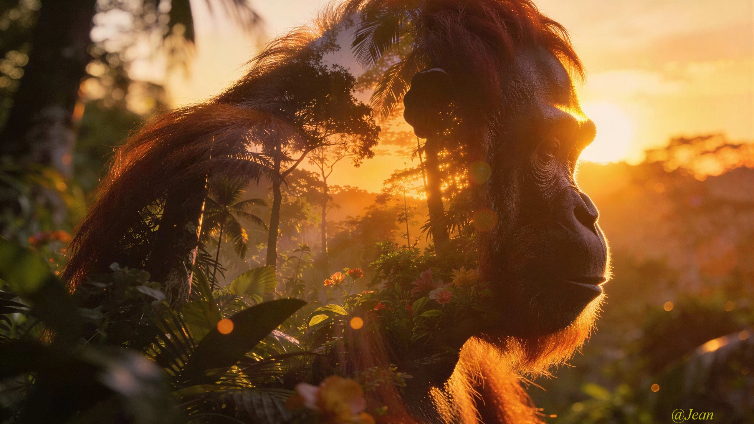 Double Exposure of Orangutan with Jungle Sunset Scene