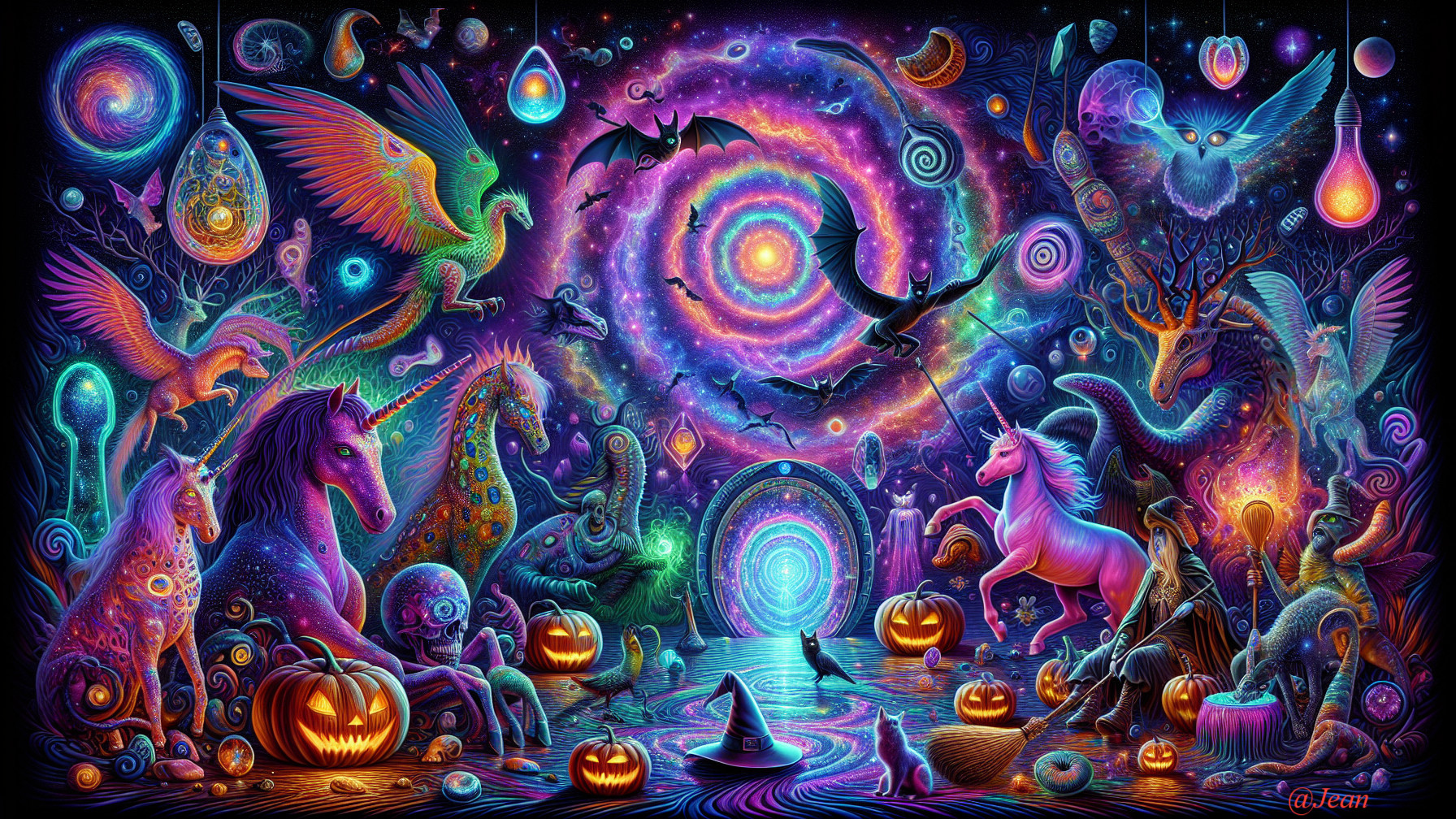 Surreal Scene with Mystical Creatures and Galaxy Backdrop