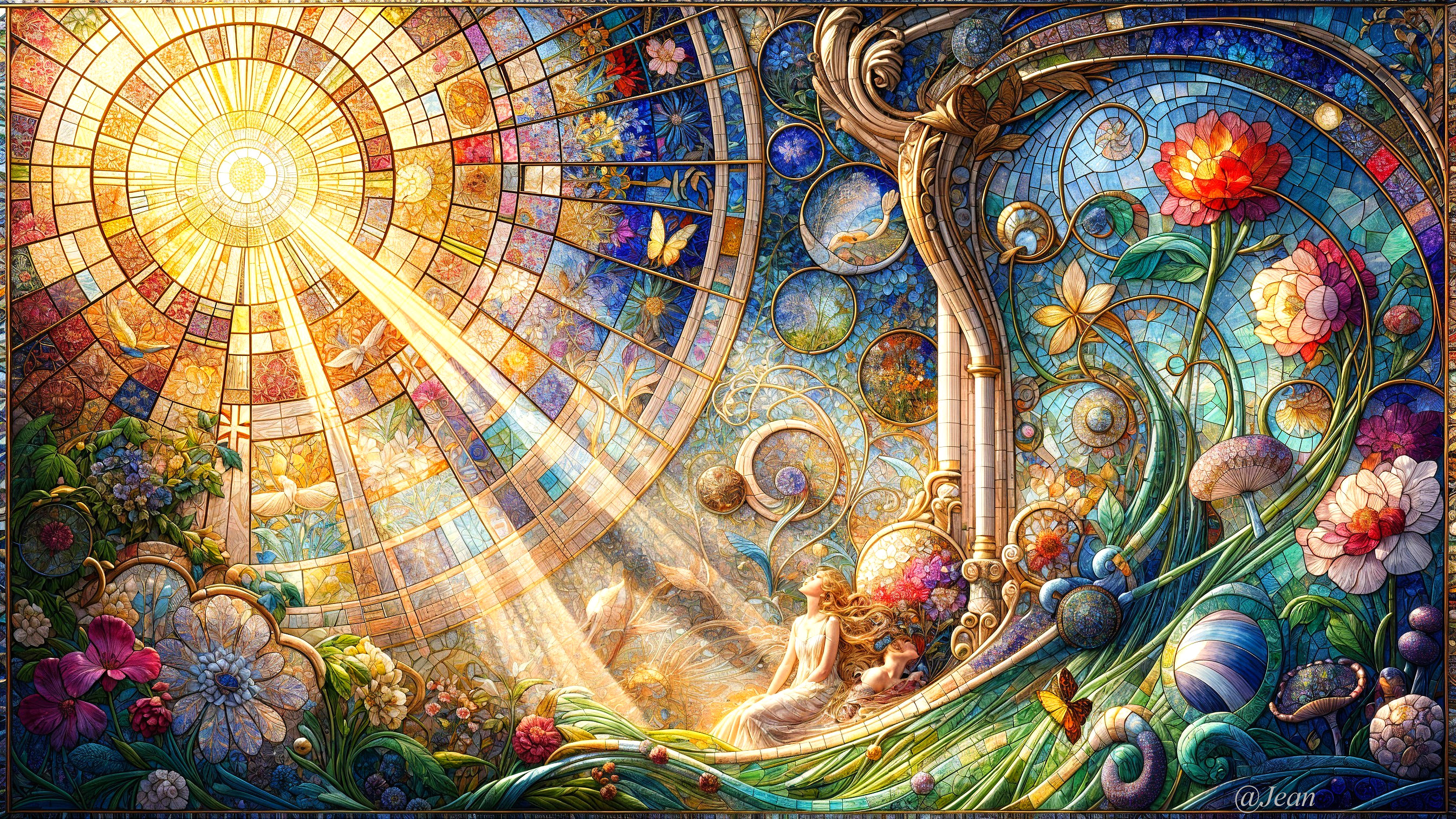 Vibrant Stained Glass Window with Nature Elements