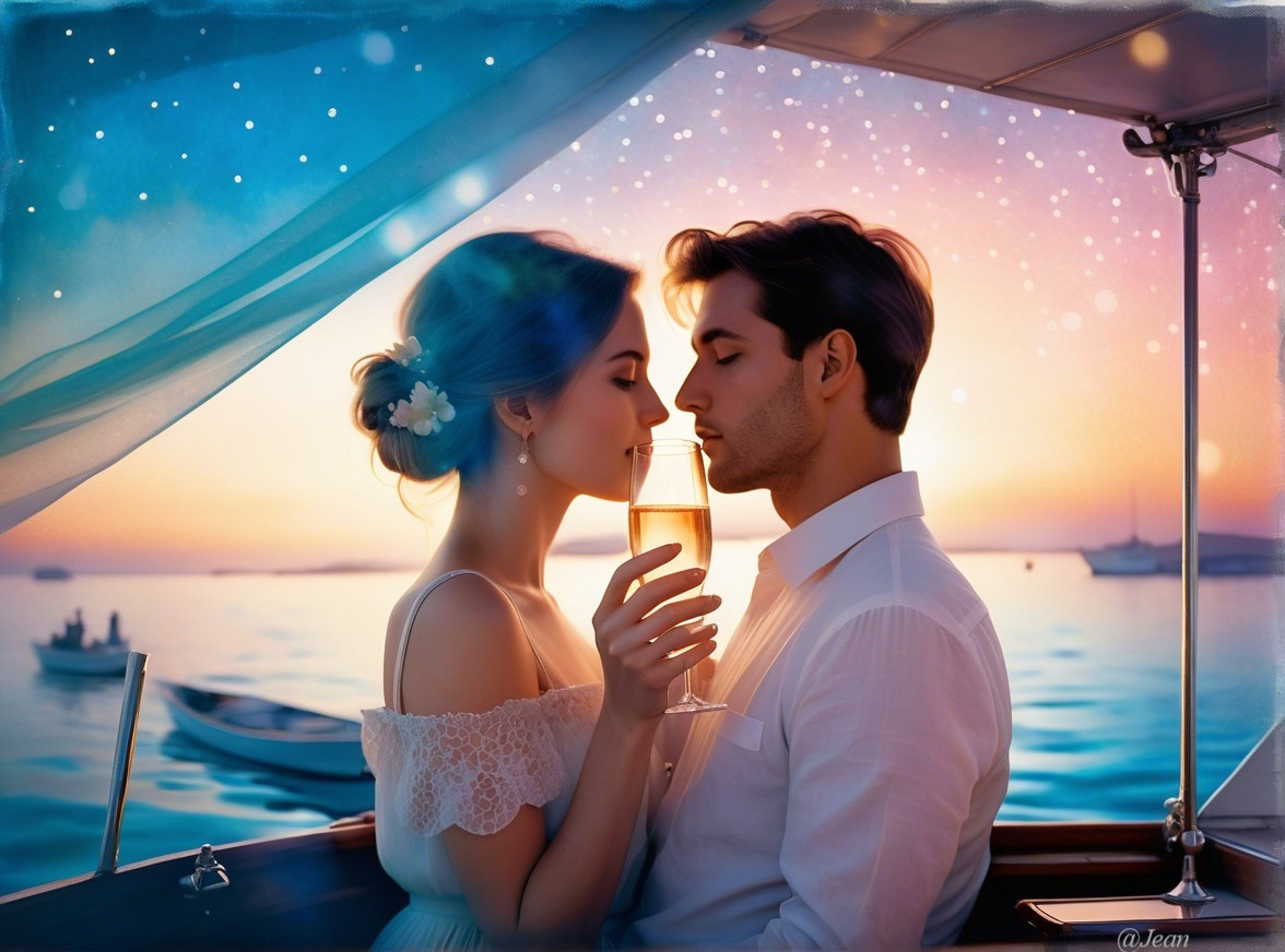 Romantic Boat Scene with Sunset and Intimate Couple