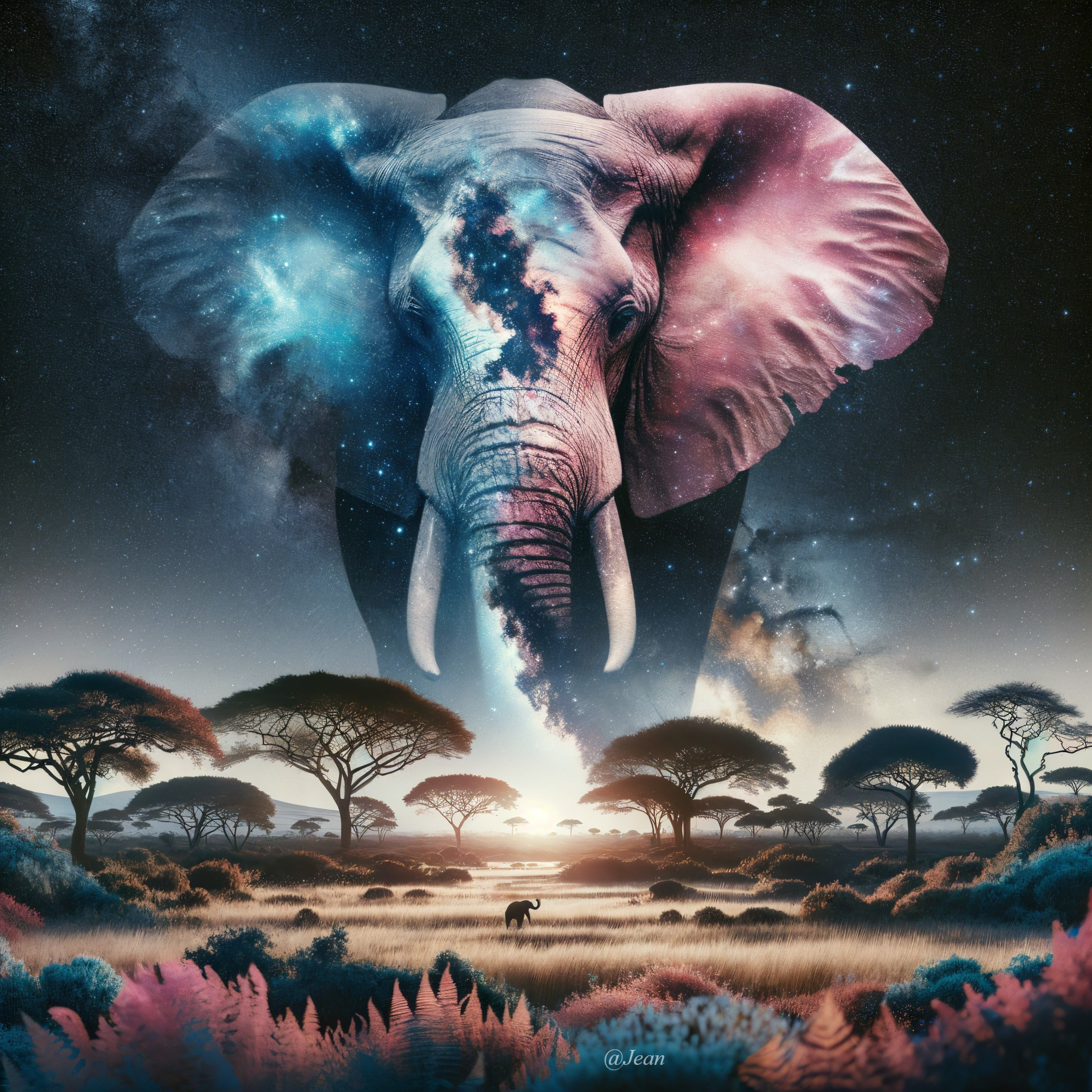 Surreal Artwork of Elephant in Cosmic Galaxy Landscape