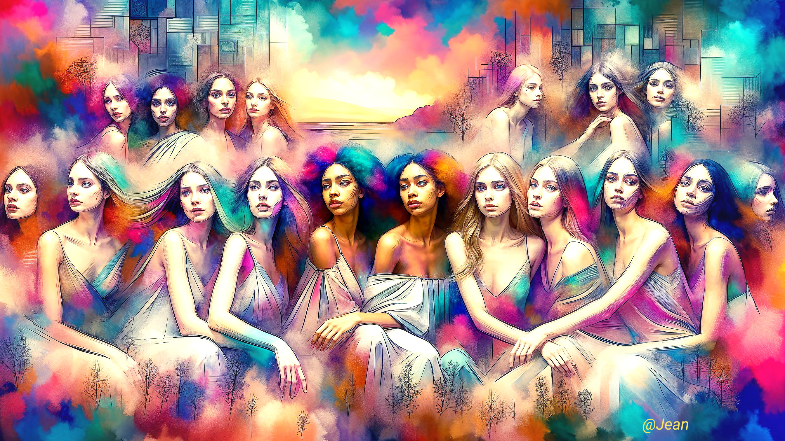 Fantasy Art Painting of Diverse Women in Colorful Dresses
