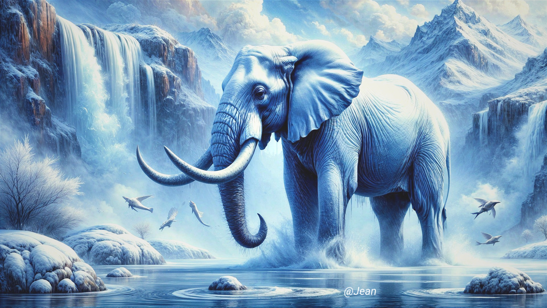 Majestic Blue Elephant in Serene Icy Landscape