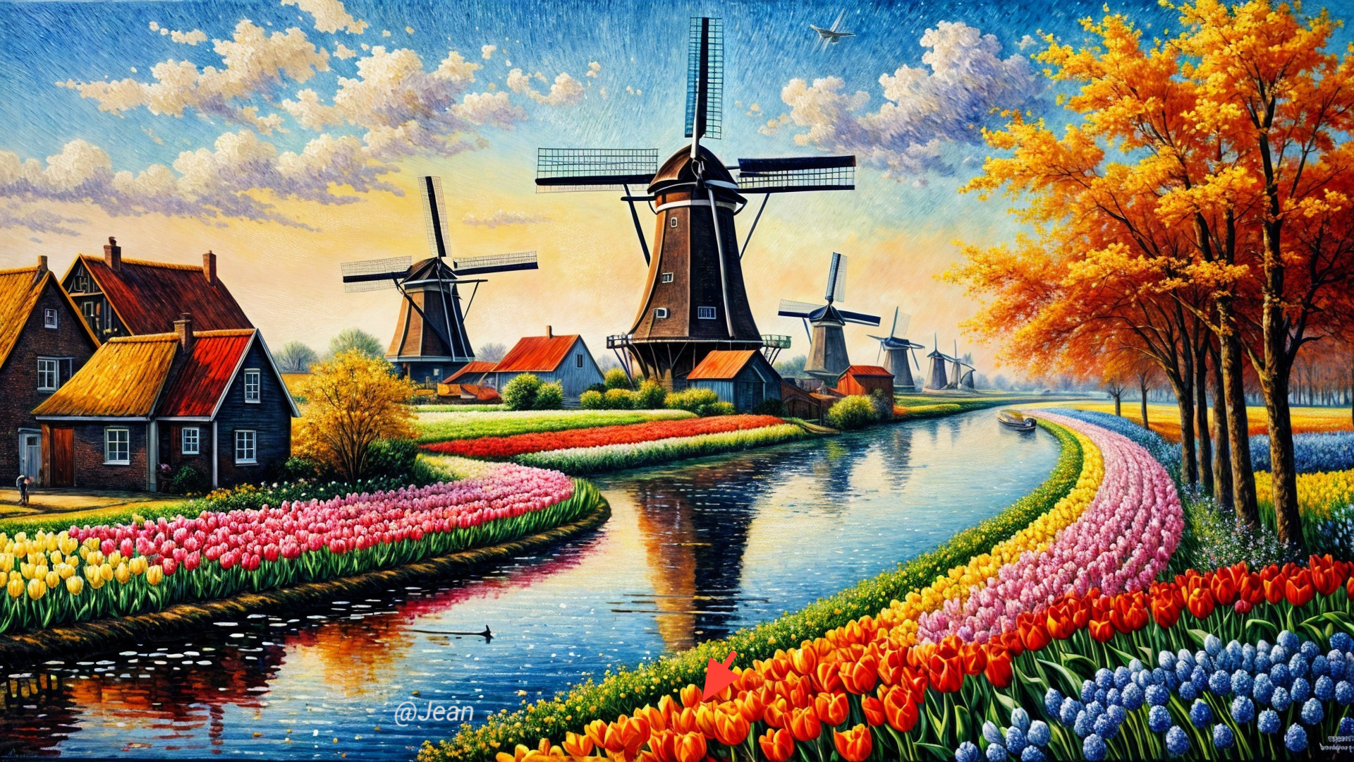 Dutch Windmills and Tulips in a Scenic Landscape