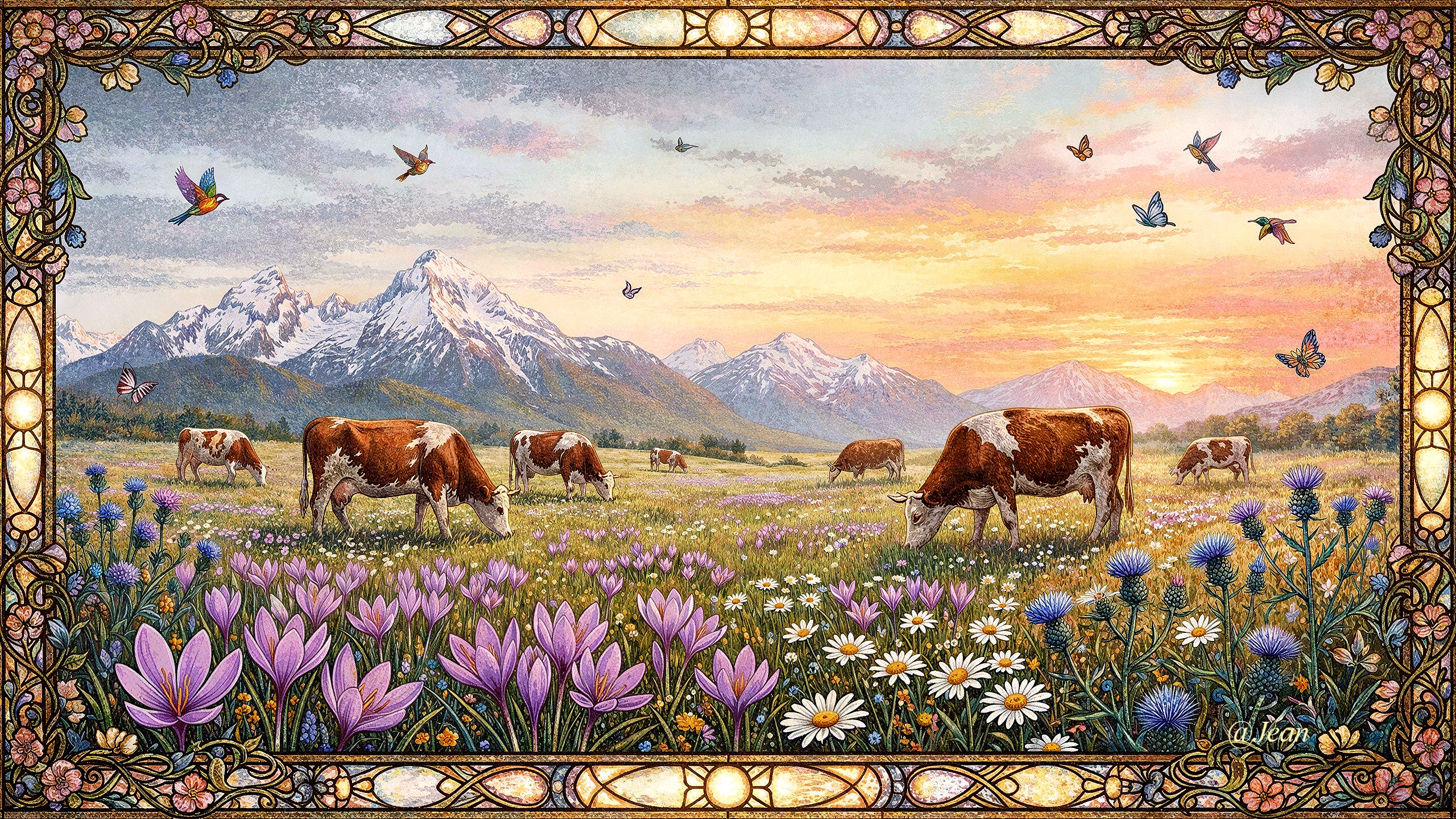 Vibrant Stained Glass Mountain Scene with Flowers