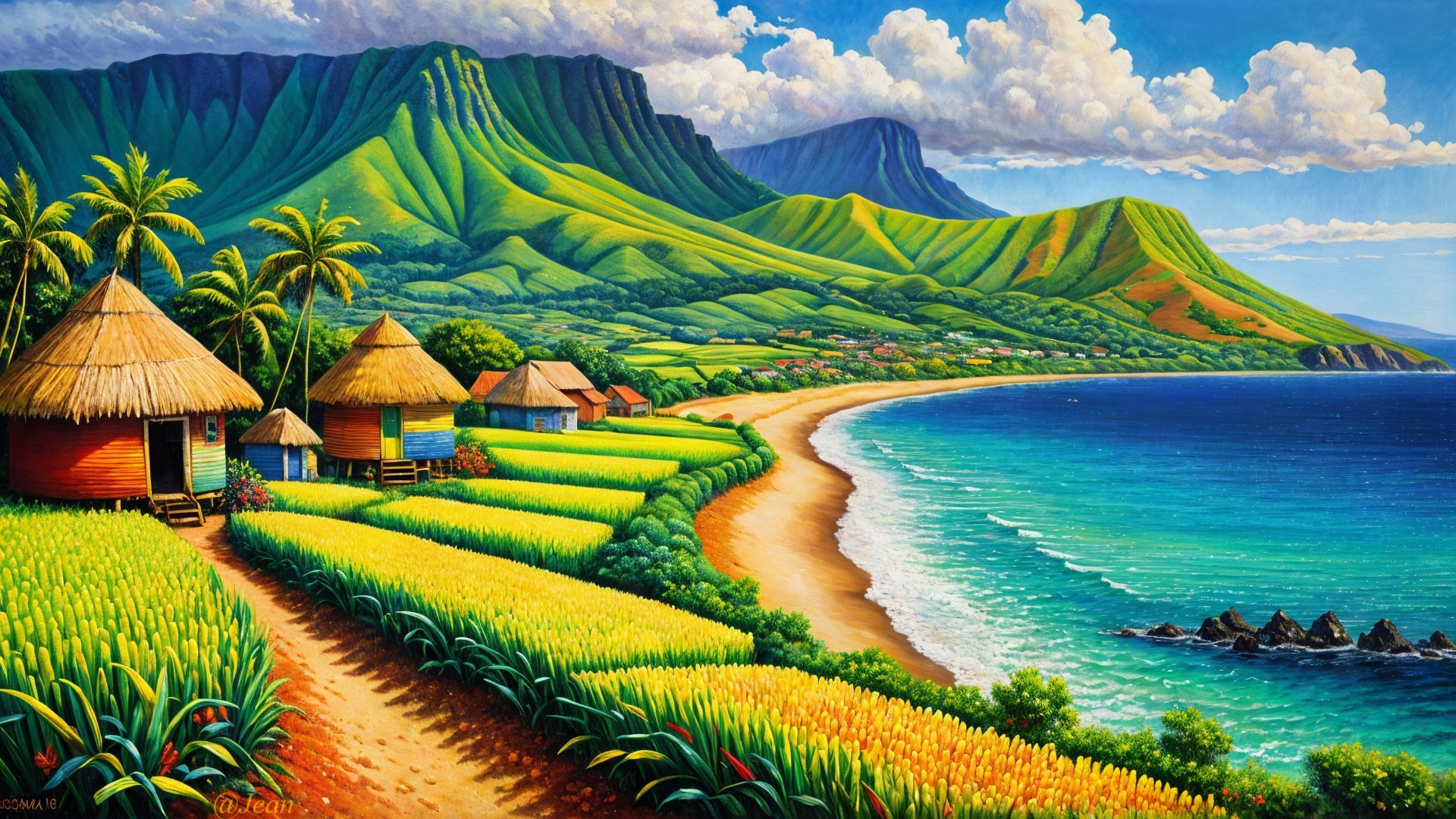 Coastal Landscape with Green Hills and Sandy Beach