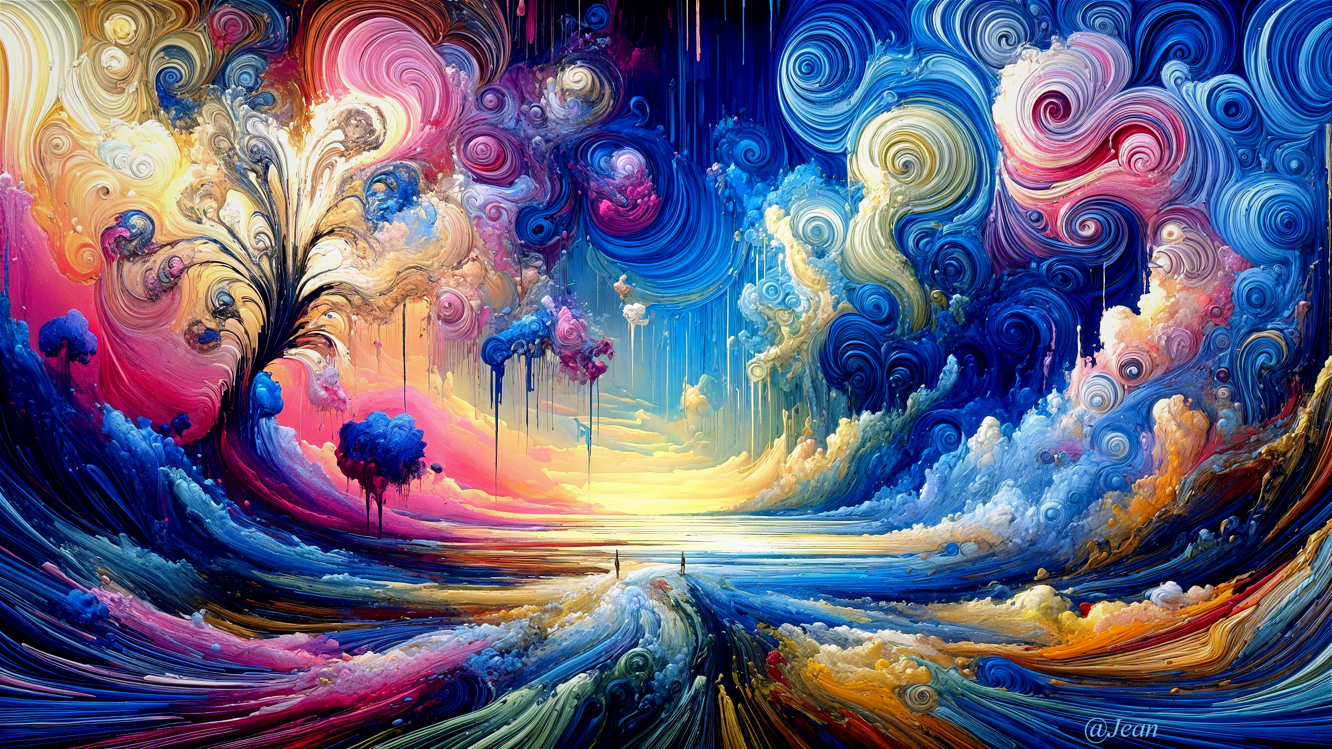 Vibrant Surreal Landscape with Dynamic Colors and Elements