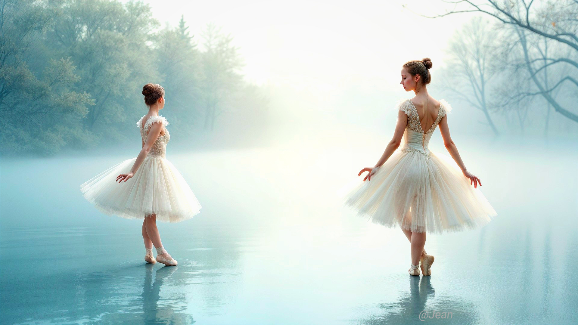Ballet Dancers on a Misty Lake at Dawn