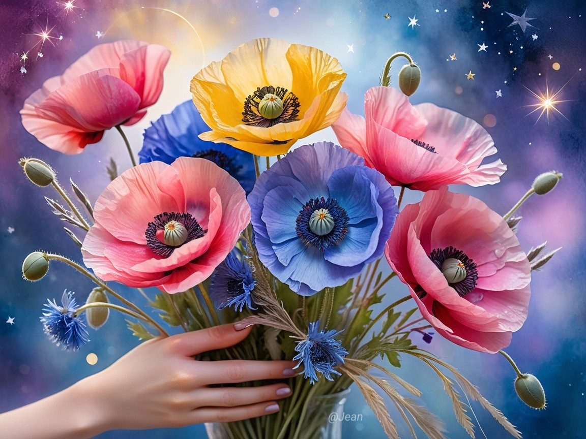 Vibrant Bouquet of Poppies Against Starry Background