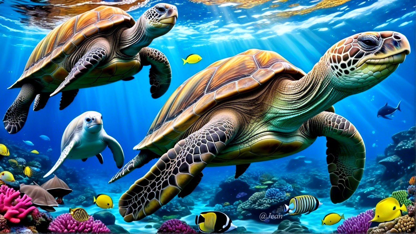 Vibrant Underwater Scene with Turtles and Coral Reefs