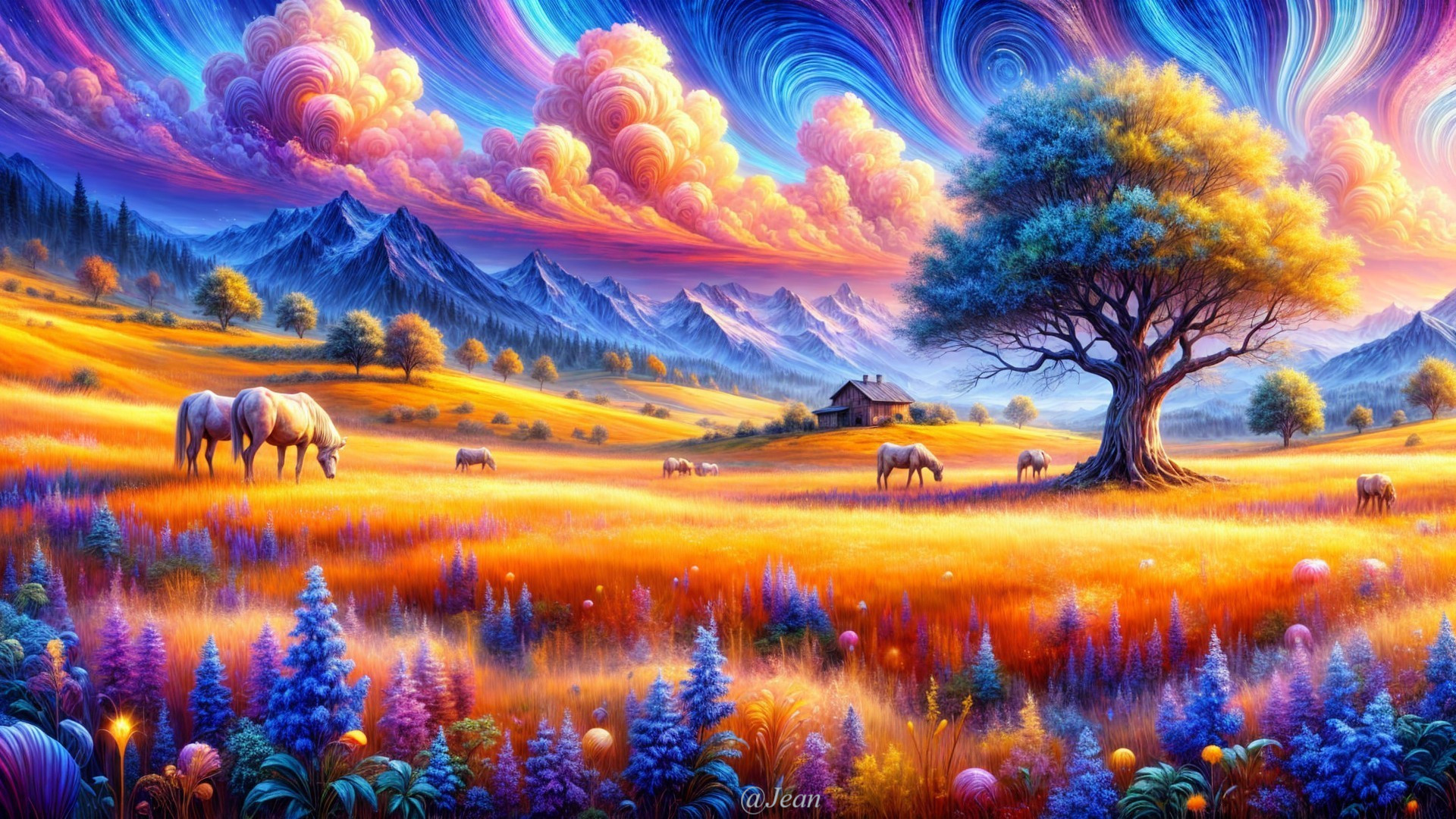Vibrant Landscape with Mountains and Grazing Horses
