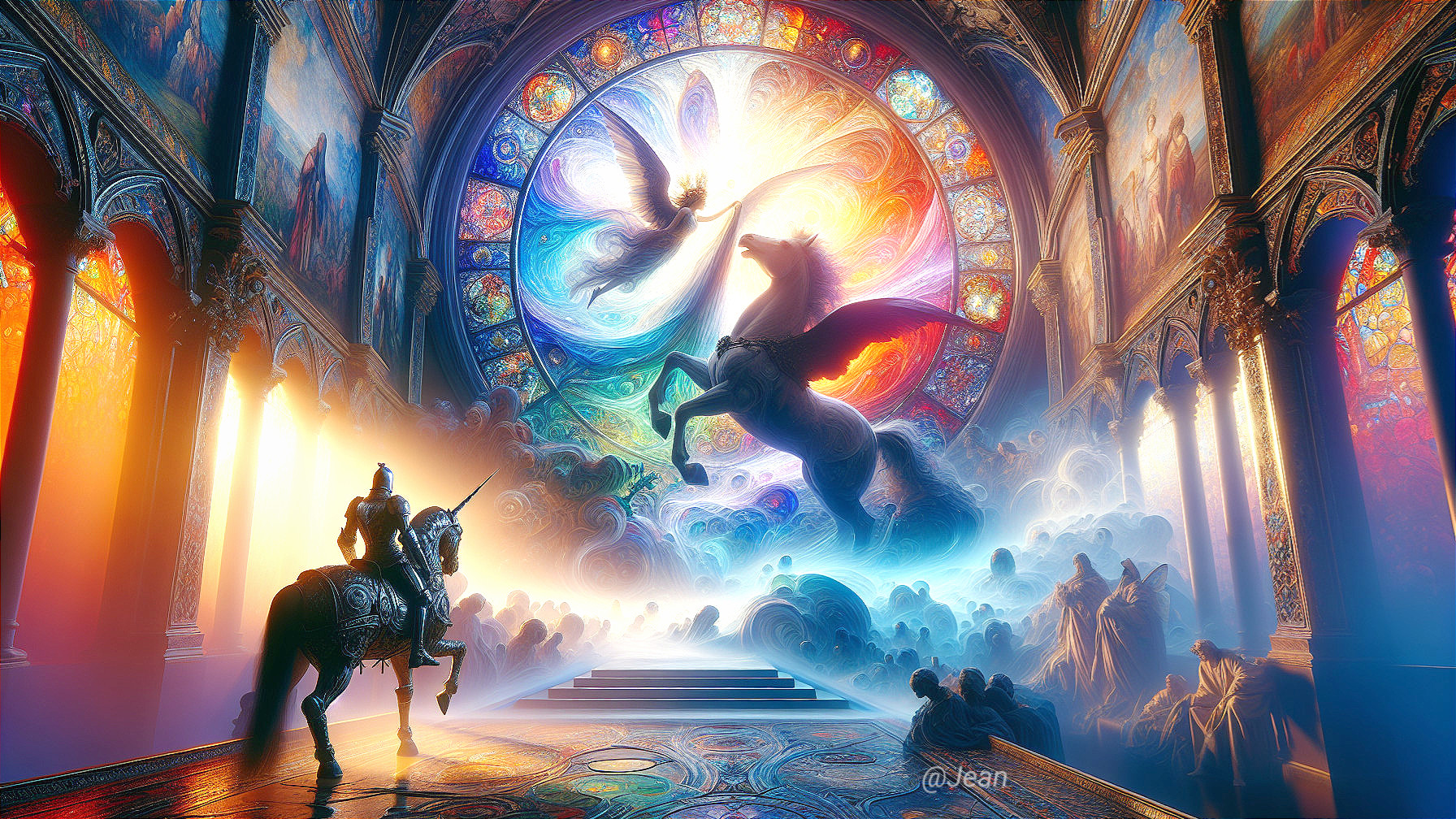 Mystical Hall with Knight, Unicorn, and Ethereal Figure