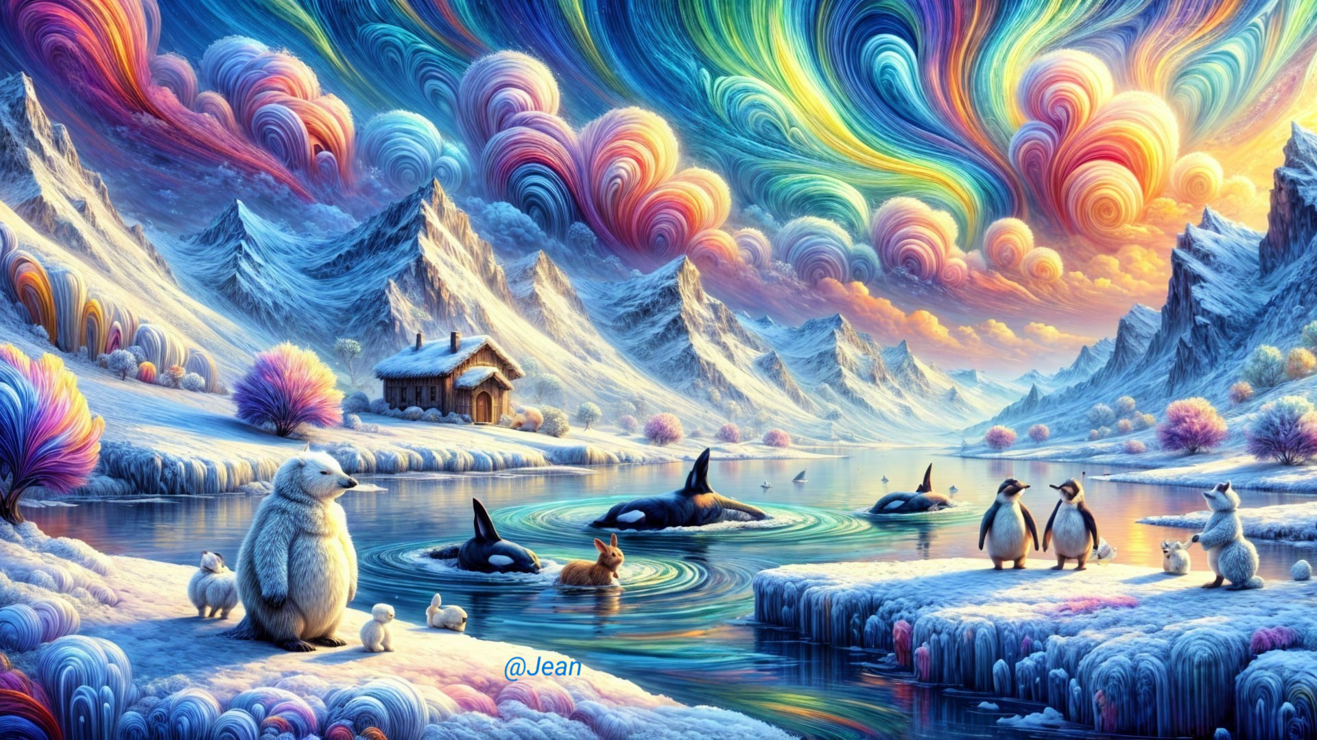 Vibrant Dreamy Landscape with Colorful Clouds and Wildlife