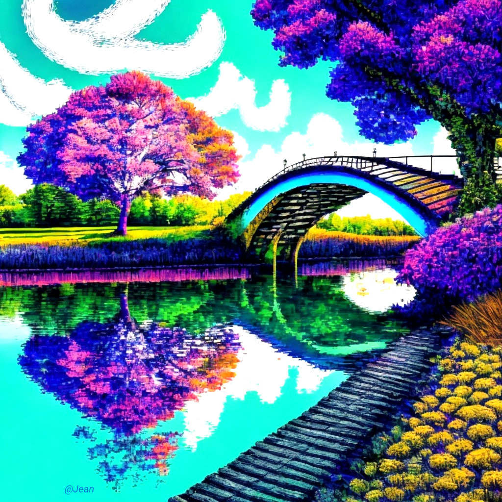 Colorful Bridge Over Serene River in Lush Landscape
