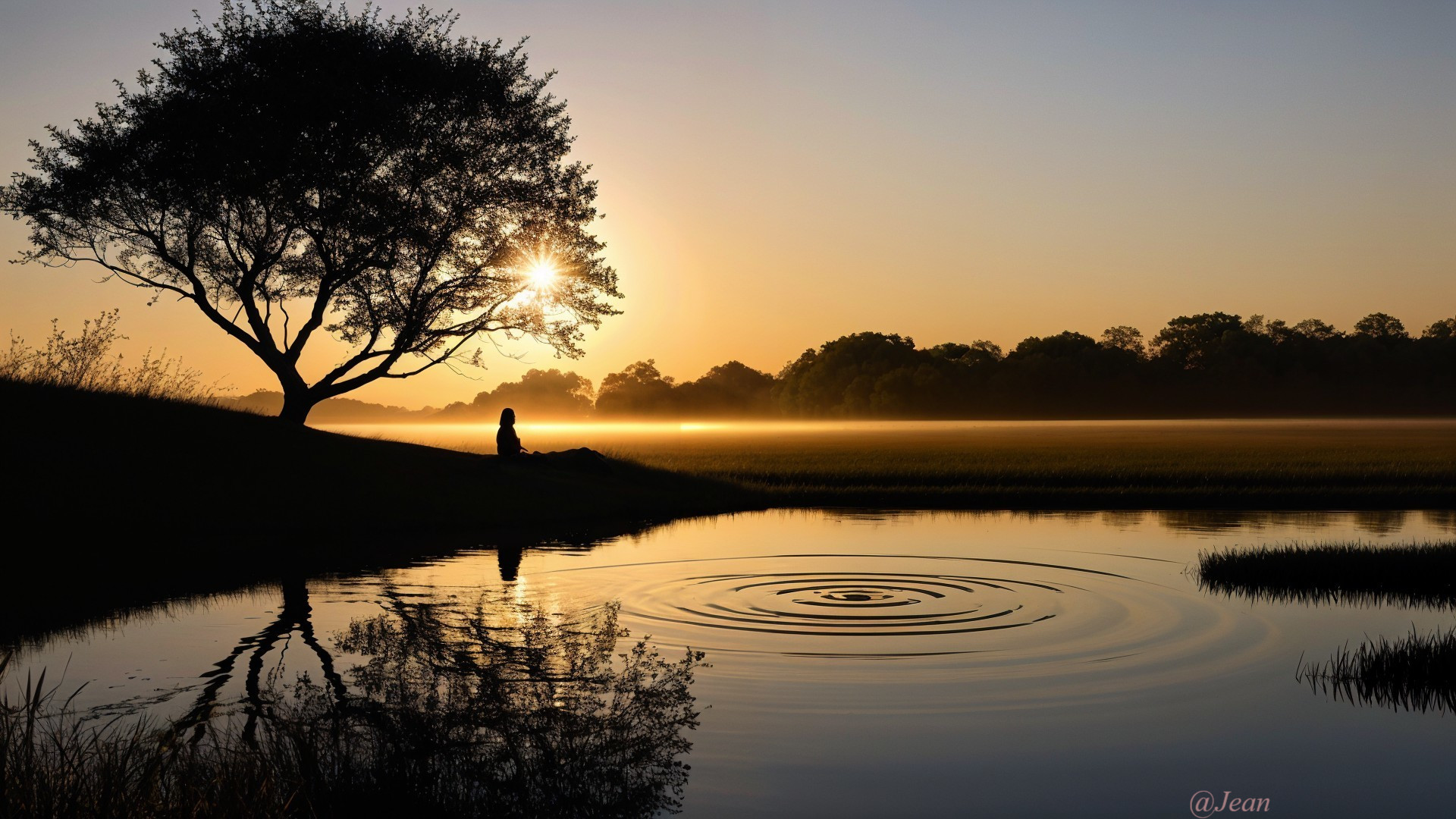 Silhouetted Person Meditating at Sunrise by Water