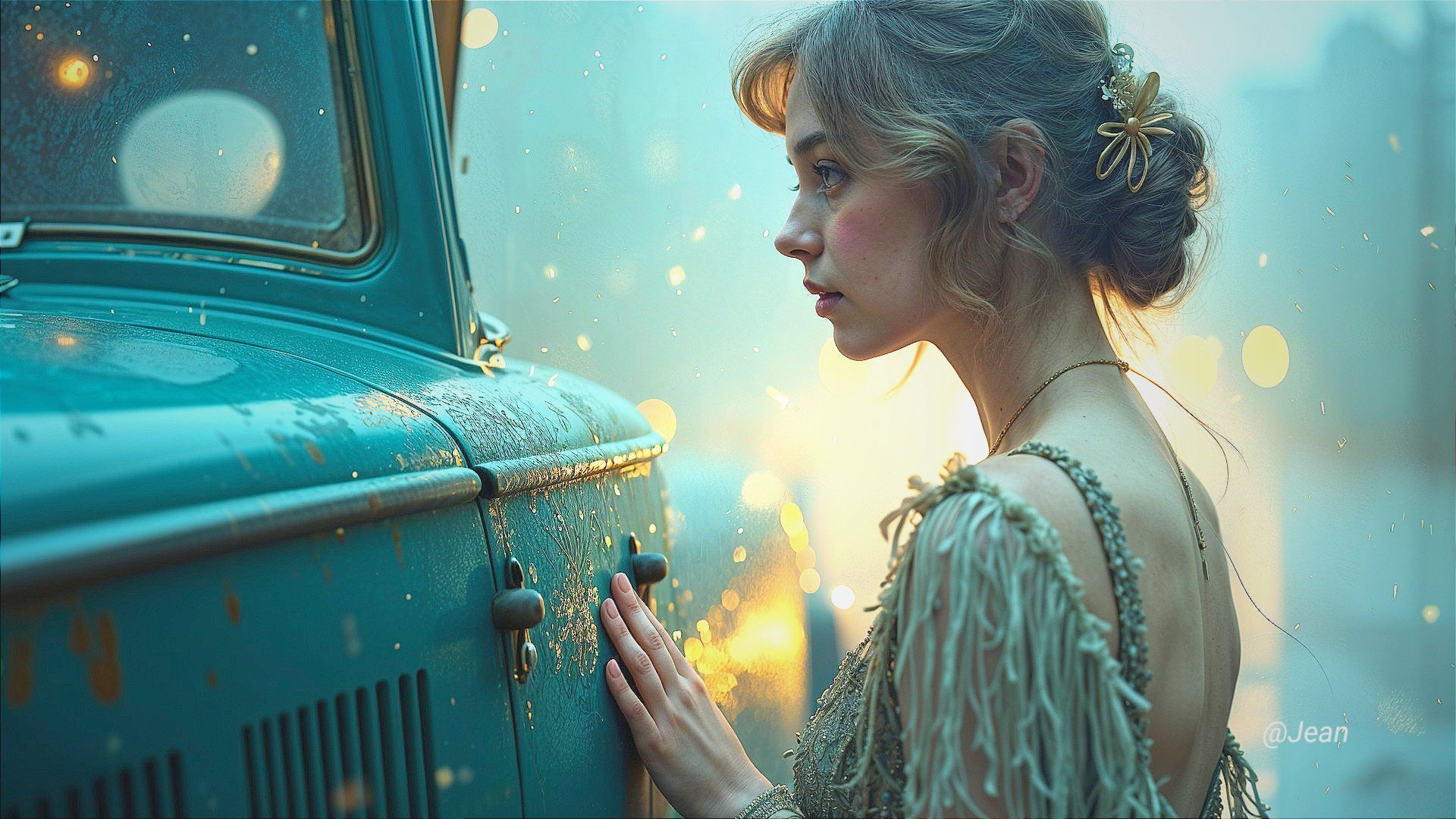Young woman in vintage dress by teal car in soft light