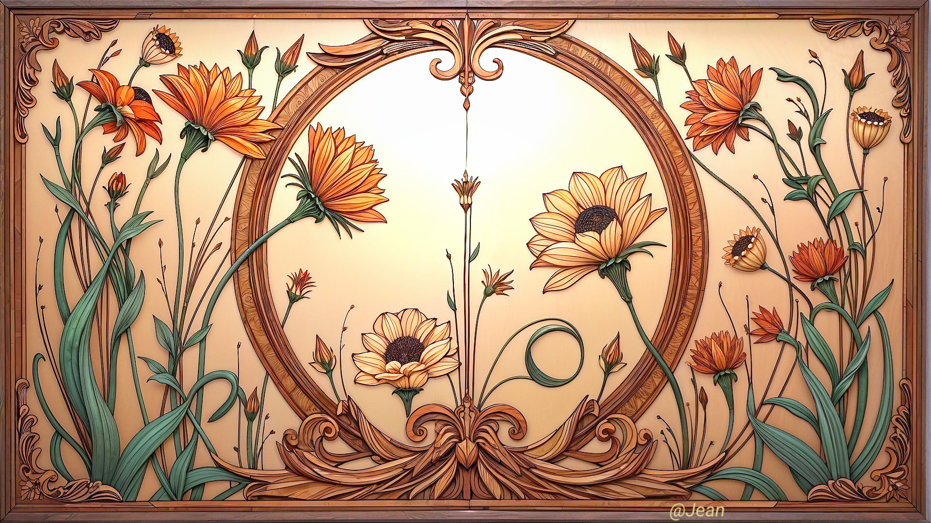 Intricate Floral Design with Orange Flowers and Greenery