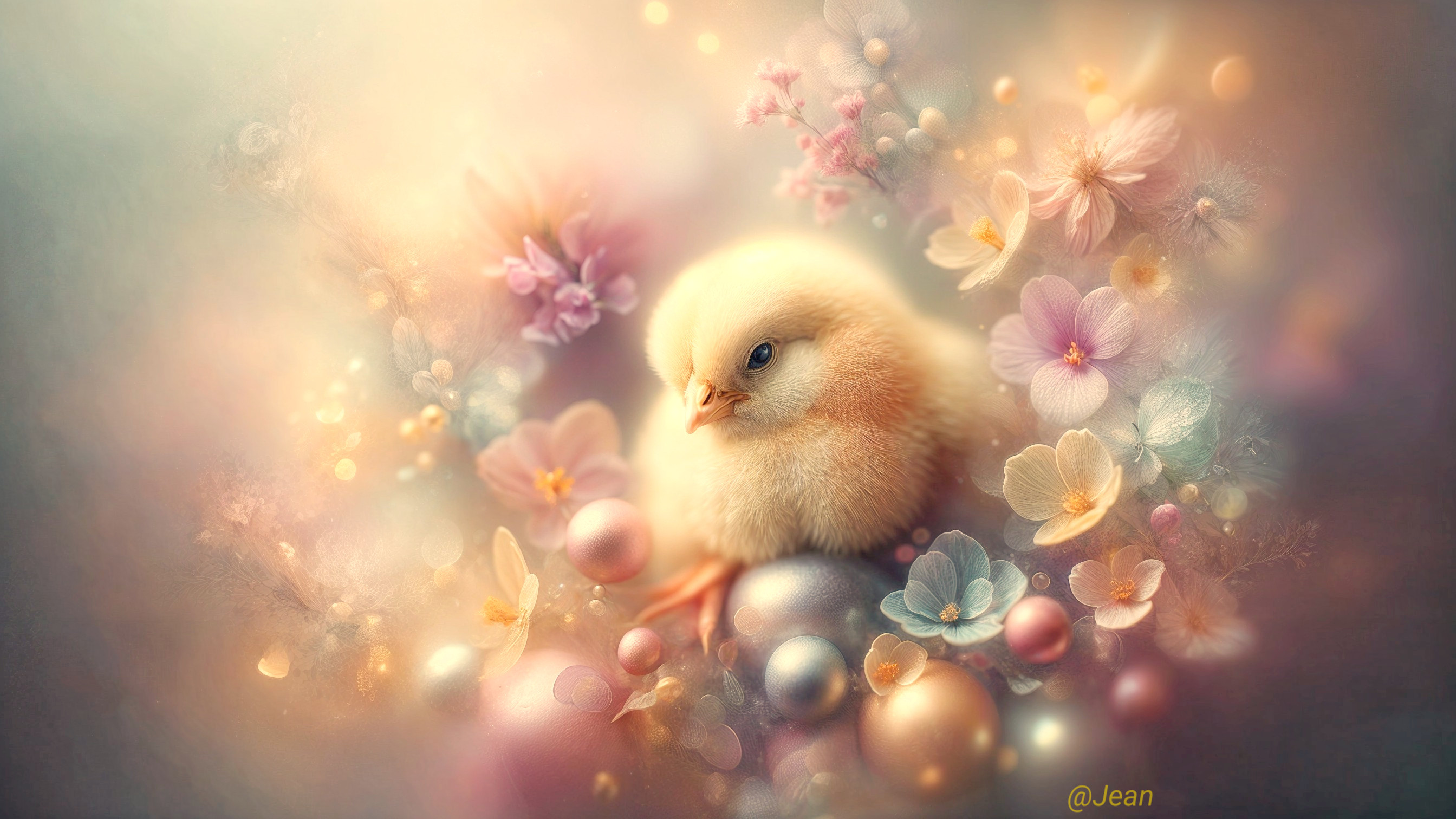 Chick Surrounded by Pastel Flowers and Pearls