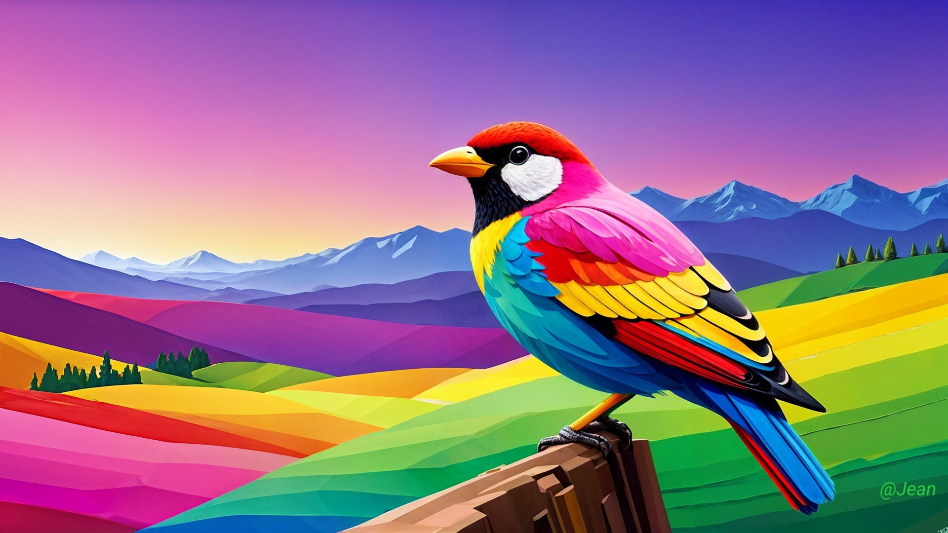 Colorful Bird on Wooden Rail with Scenic Background