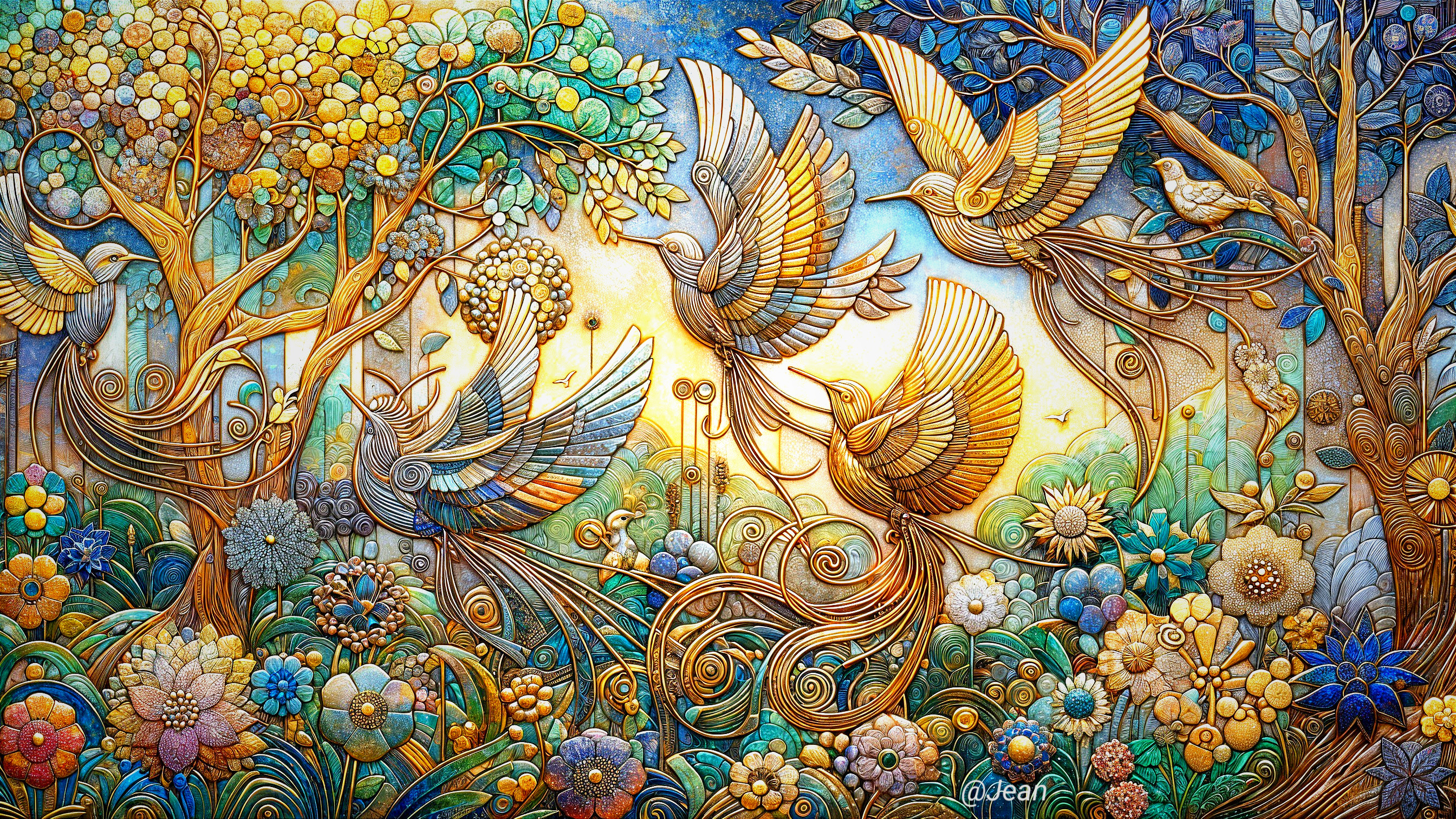 Golden Birds in Flight Over a Lush Landscape